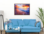 Ocean Sunset on the Beach -Canvas Wrap - Mahogany Frame on Living Room Wall-2