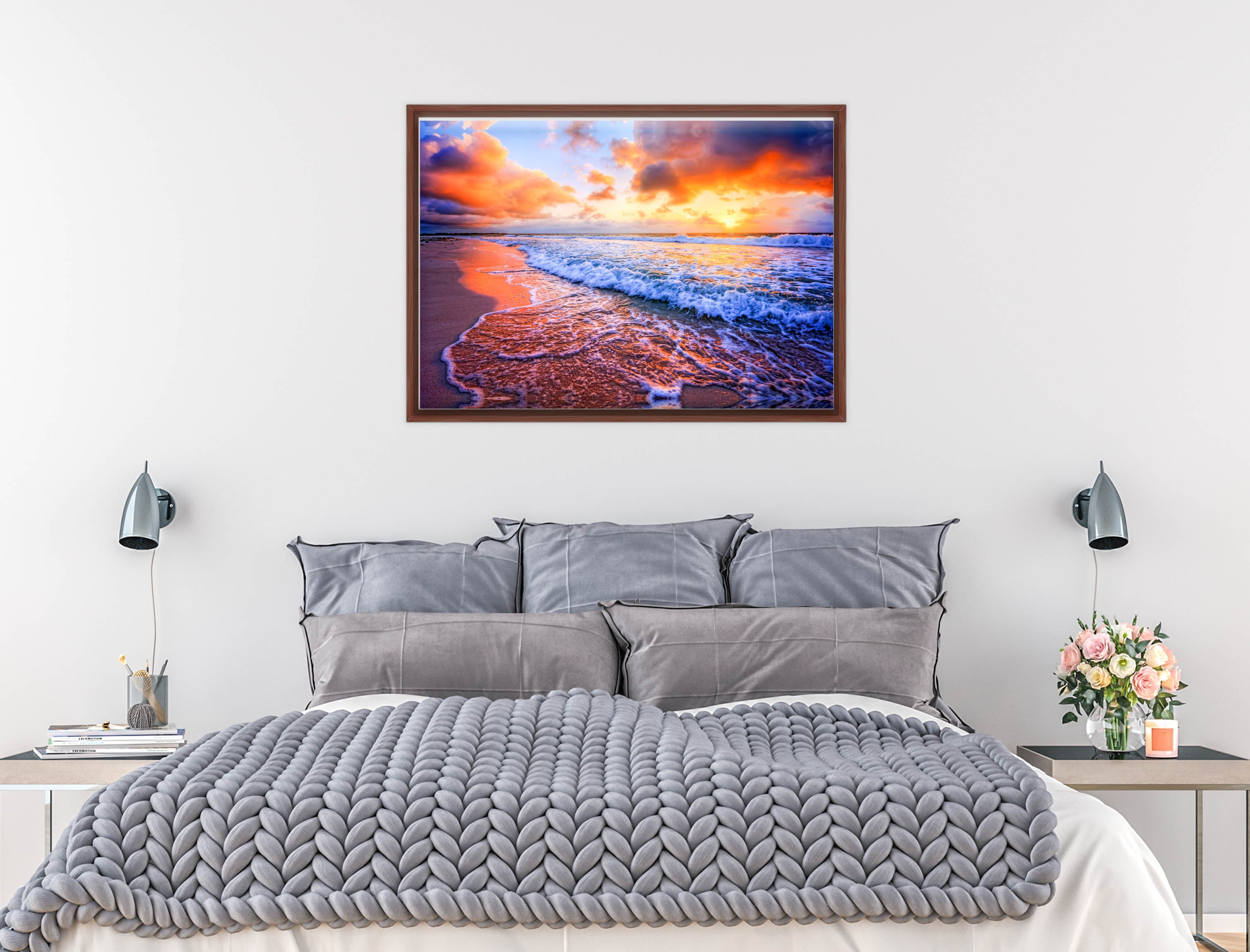 Ocean Sunset on the Beach -Canvas Wrap - Mahogany Frame on Bedroom Wall