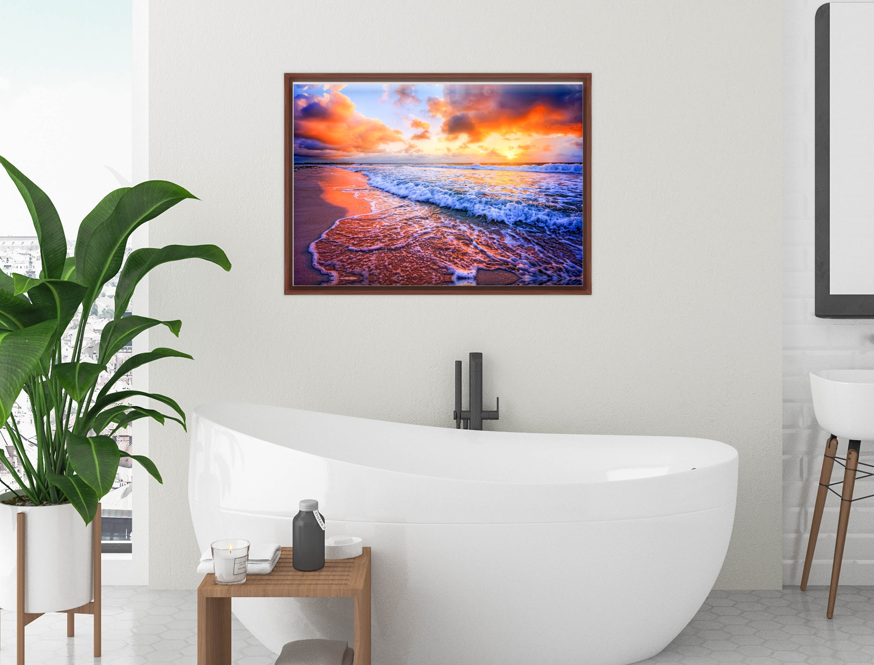 Ocean Sunset on the Beach -Canvas Wrap - Mahogany Frame on Bathroom Wall