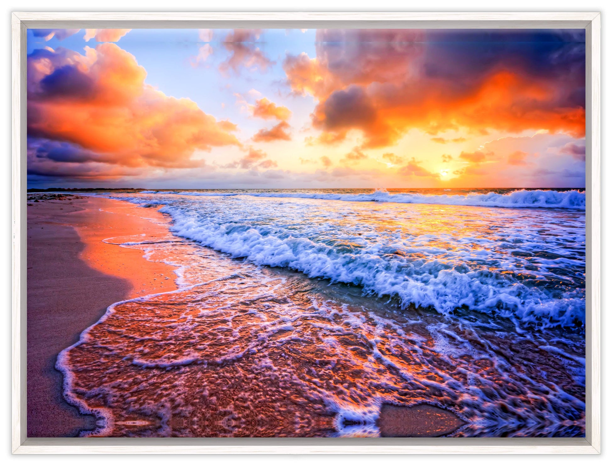 Ocean Sunset on the Beach -Canvas Wrap - White Frame