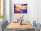 Ocean Sunset on the Beach -Canvas Wrap - White Frame on Dining Room Room Wall