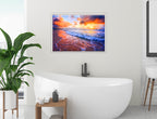 Ocean Sunset on the Beach -Canvas Wrap - White Frame on Bathroom Wall