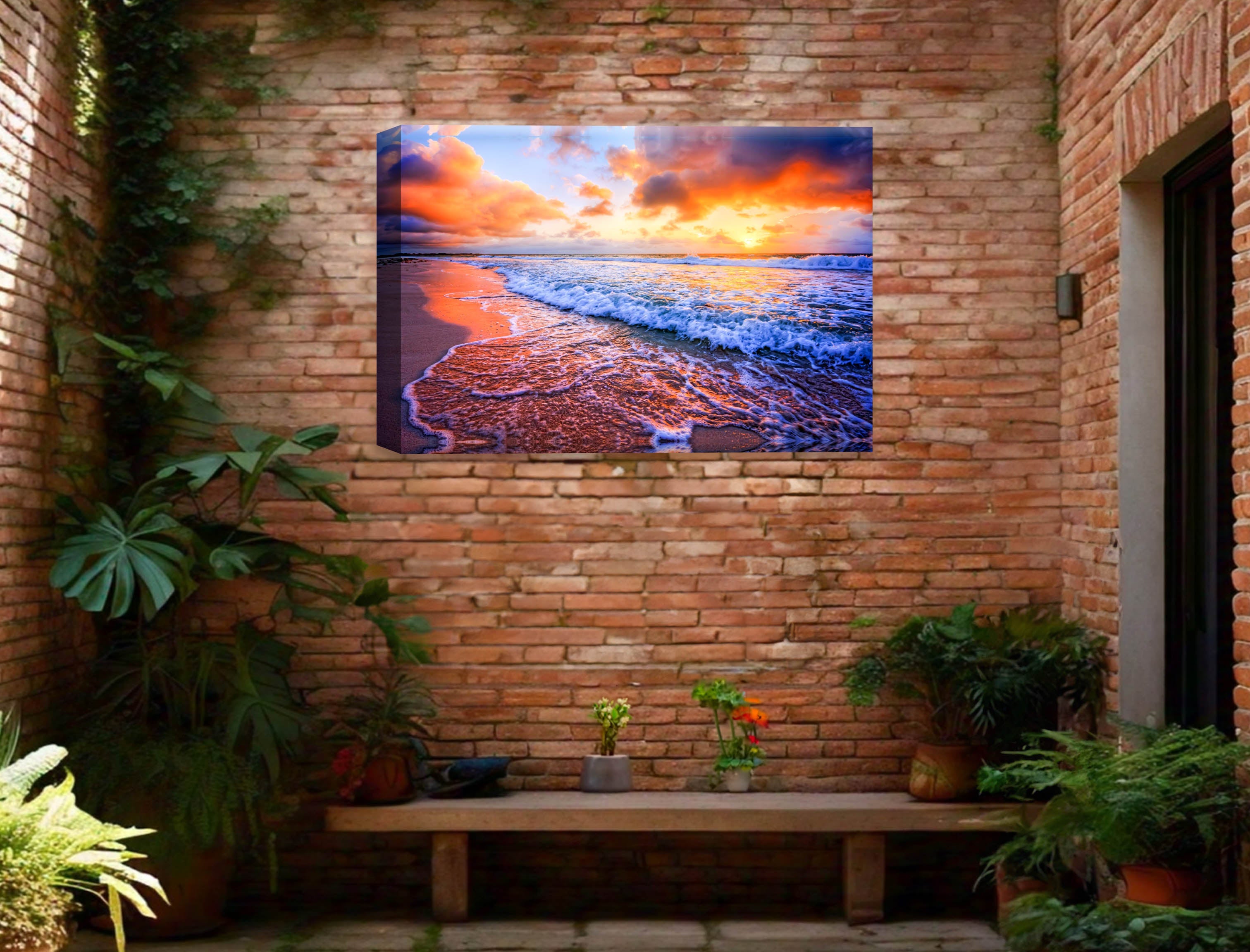 Ocean Sunset on the Beach -Canvas Wrap - Waterproof on Patio 3 Wall