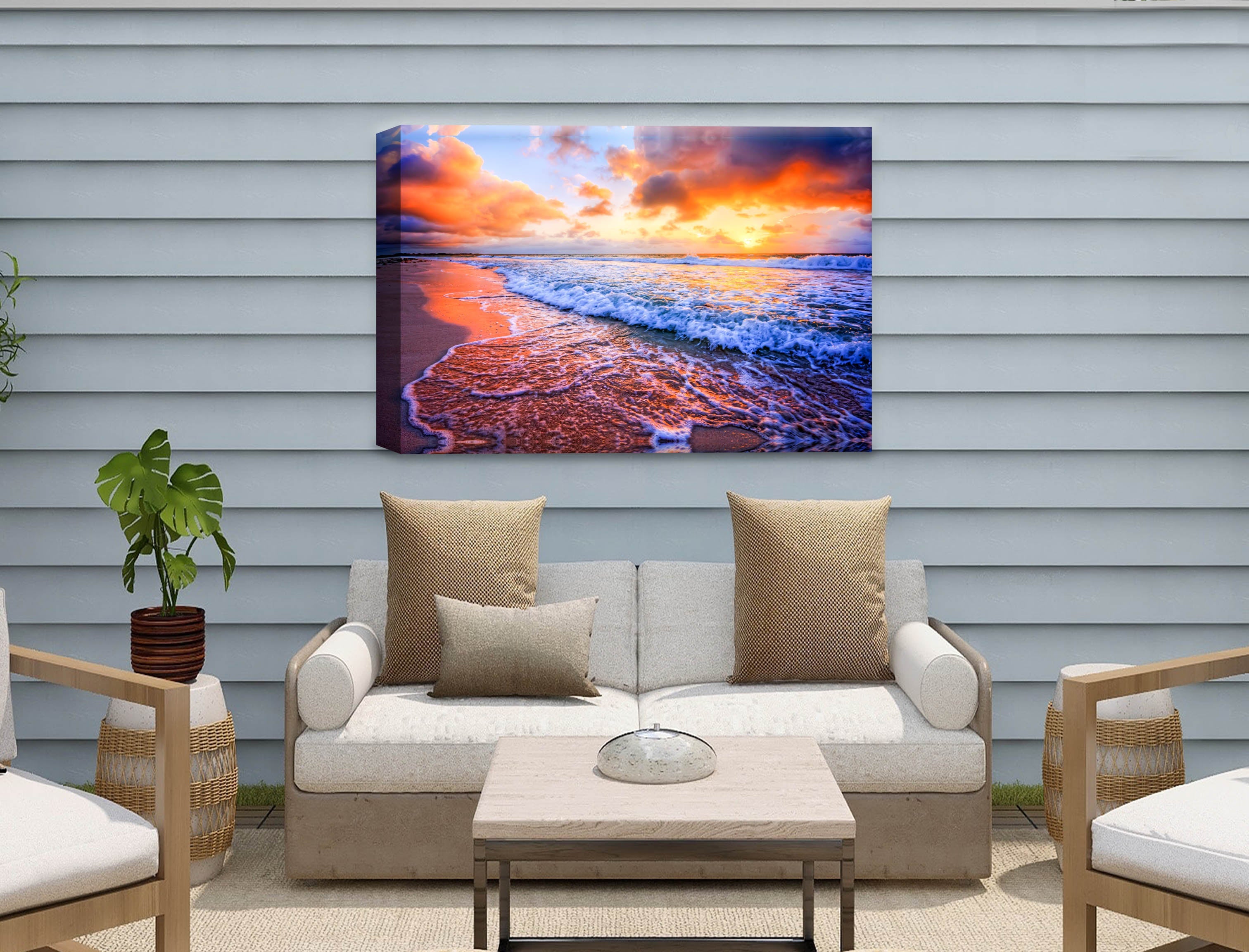 Ocean Sunset on the Beach -Canvas Wrap - Waterproof on Patio 1 Wall