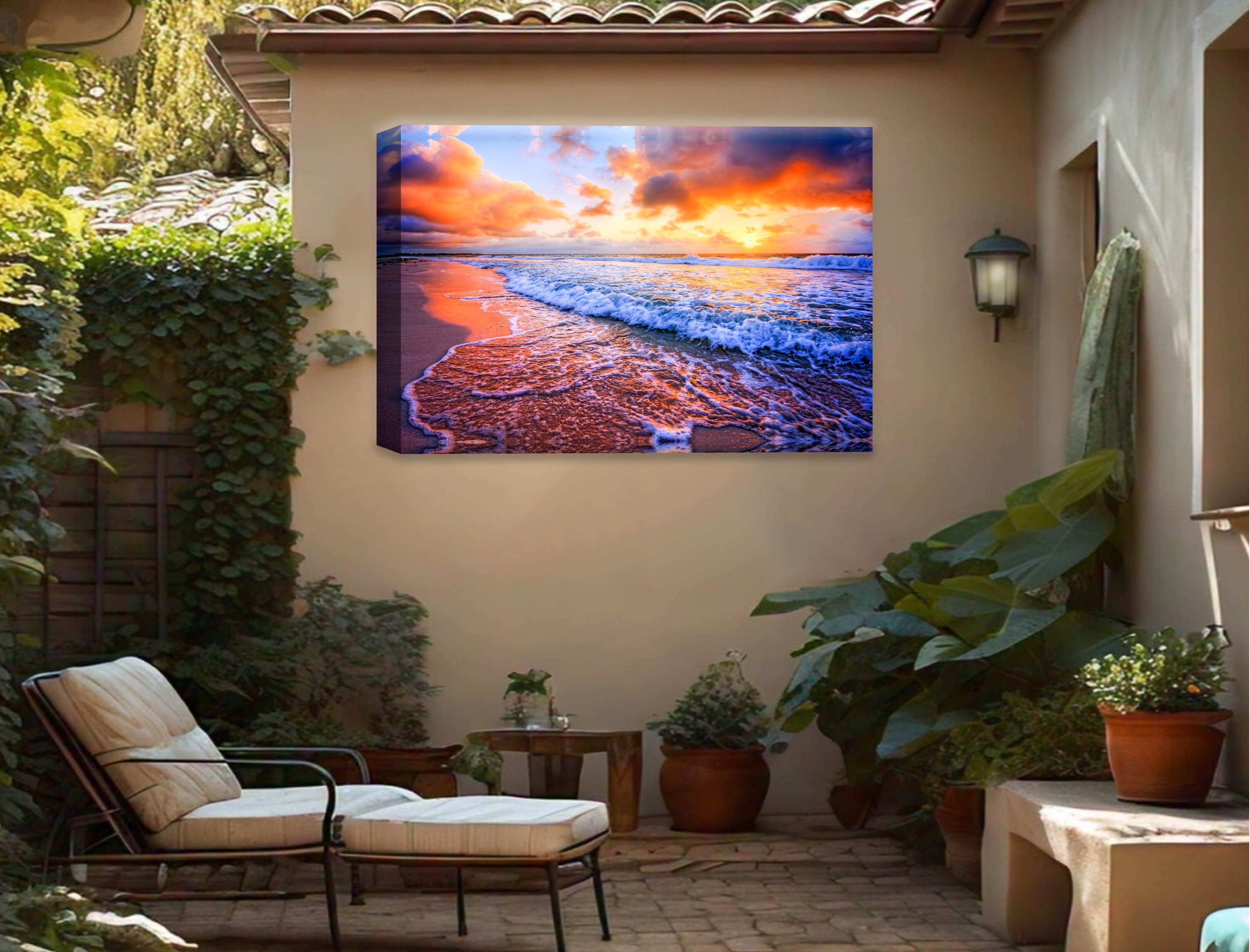 Ocean Sunset on the Beach -Canvas Wrap - Waterproof on Patio 4 Wall