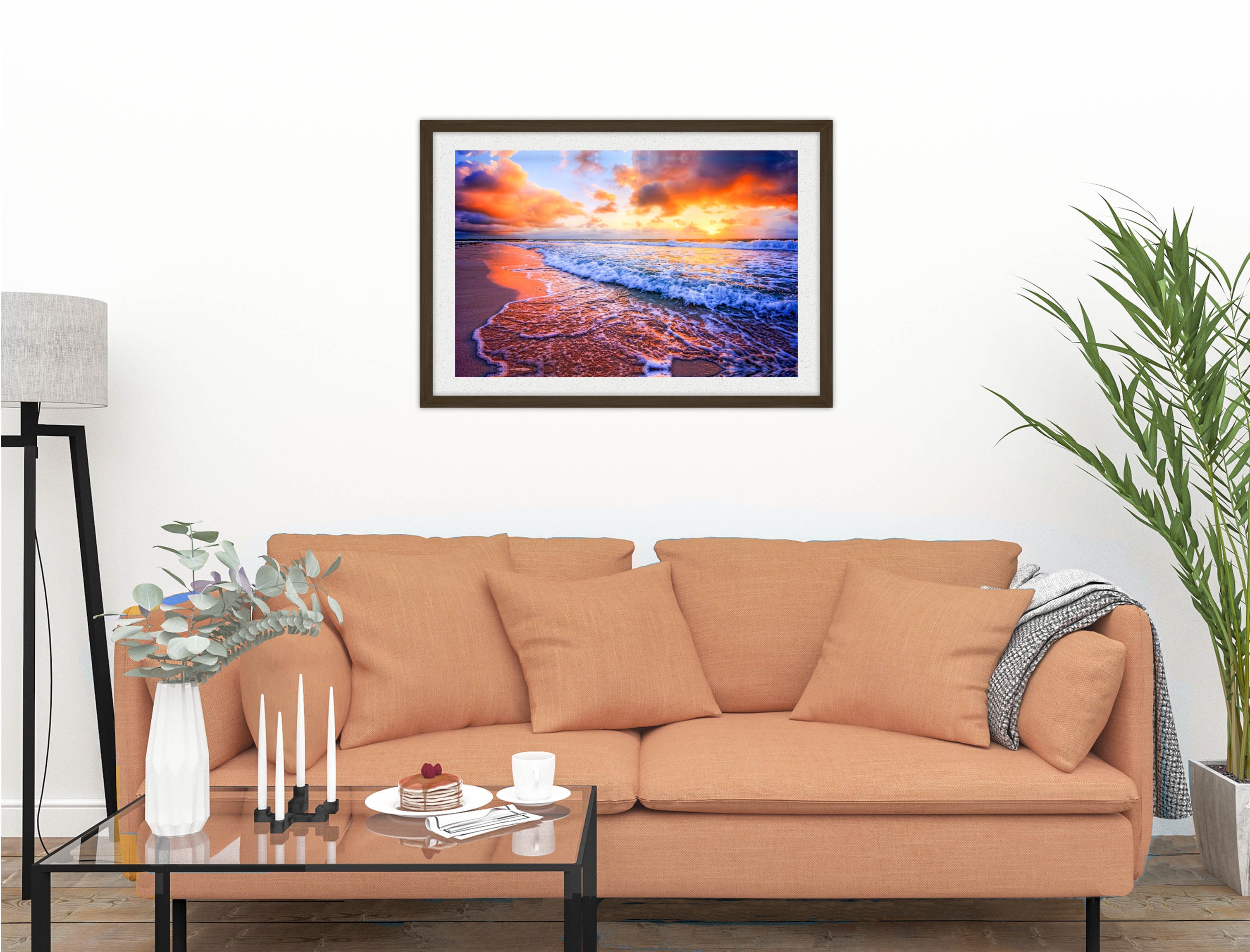 Ocean Sunset on the Beach -Framed Photo - Black on Living Room1 Wall-1