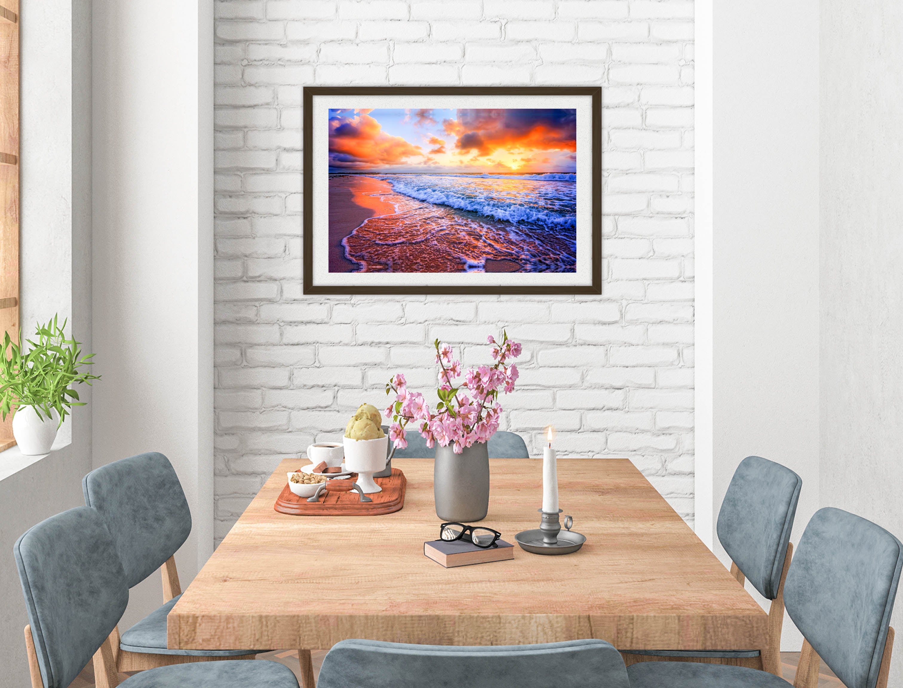 Ocean Sunset on the Beach -Framed Photo - Black on Dining Room Room Wall