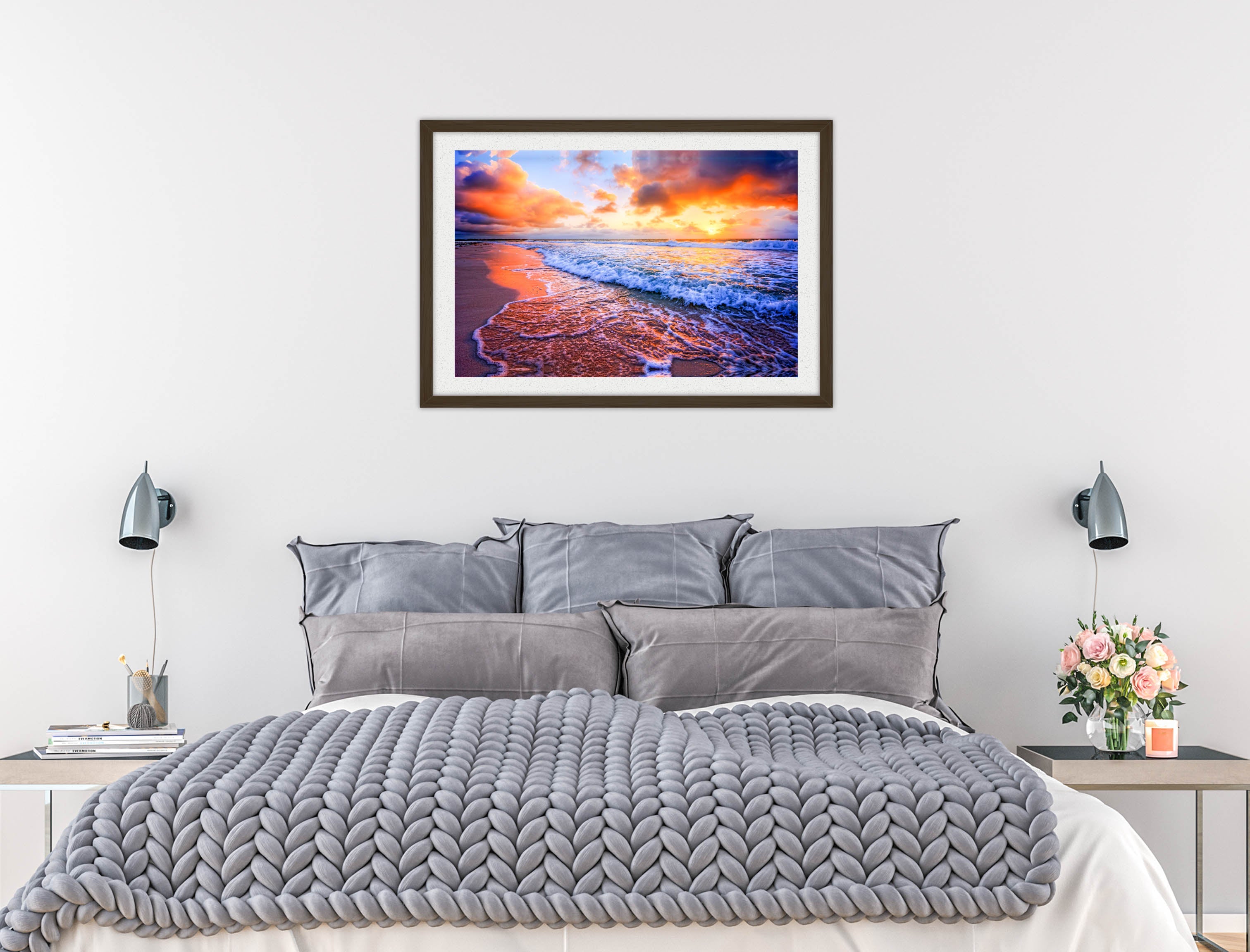 Ocean Sunset on the Beach -Framed Photo - Black Frame on Bedroom Wall