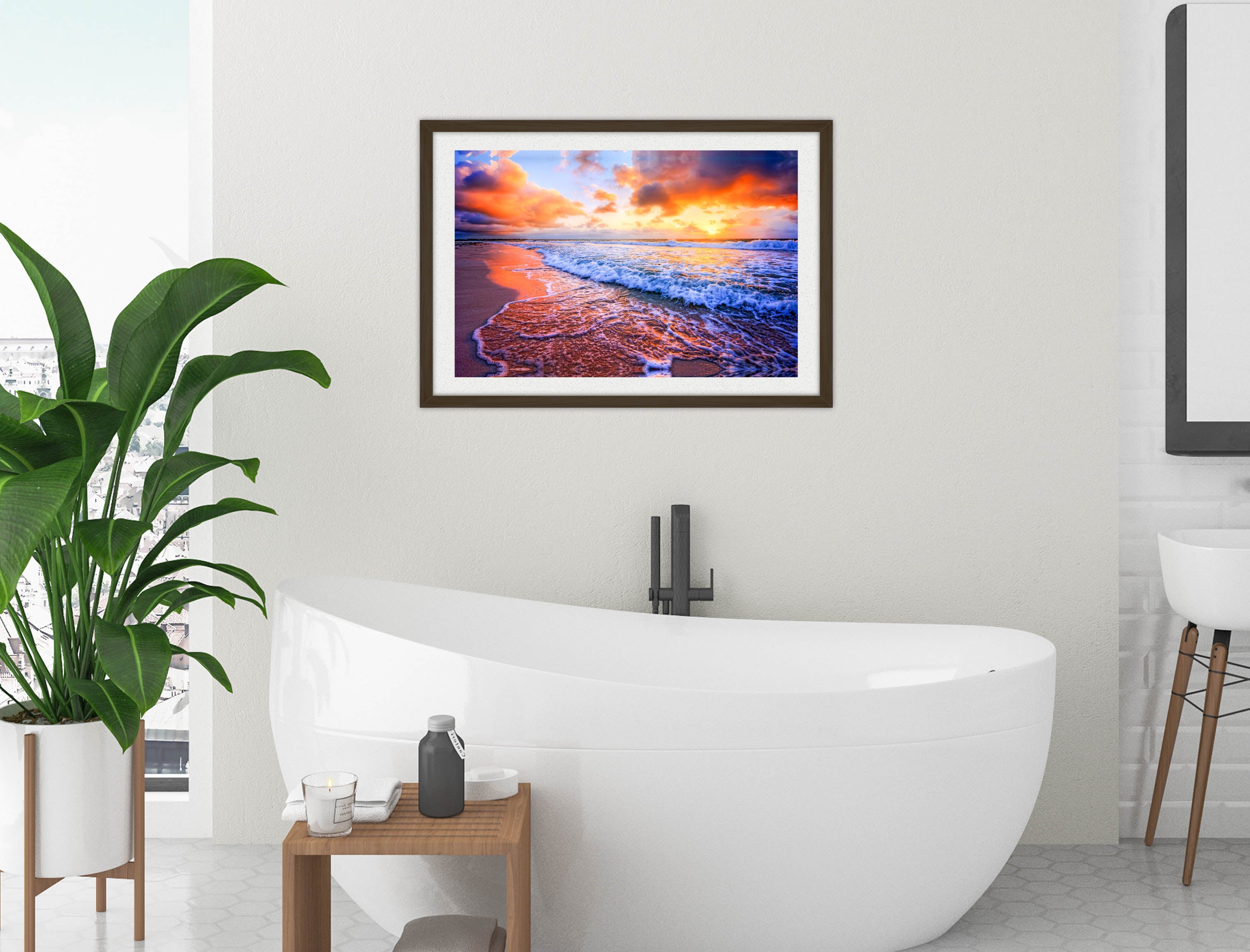 Ocean Sunset on the Beach -Framed Photo - Black Frame on Bathroom Wall