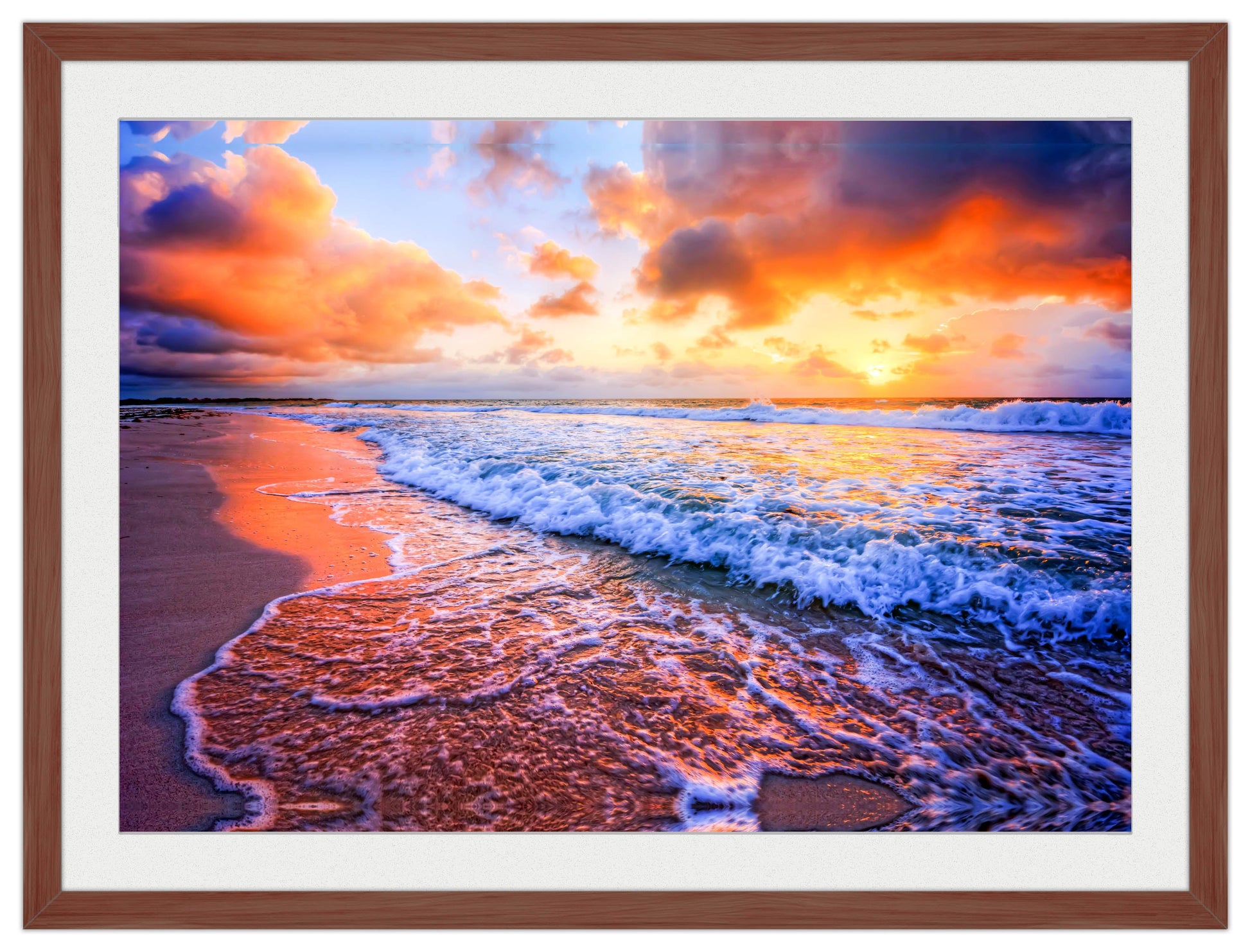 Ocean Sunset on the Beach -Framed Photo - Mahogany Frame