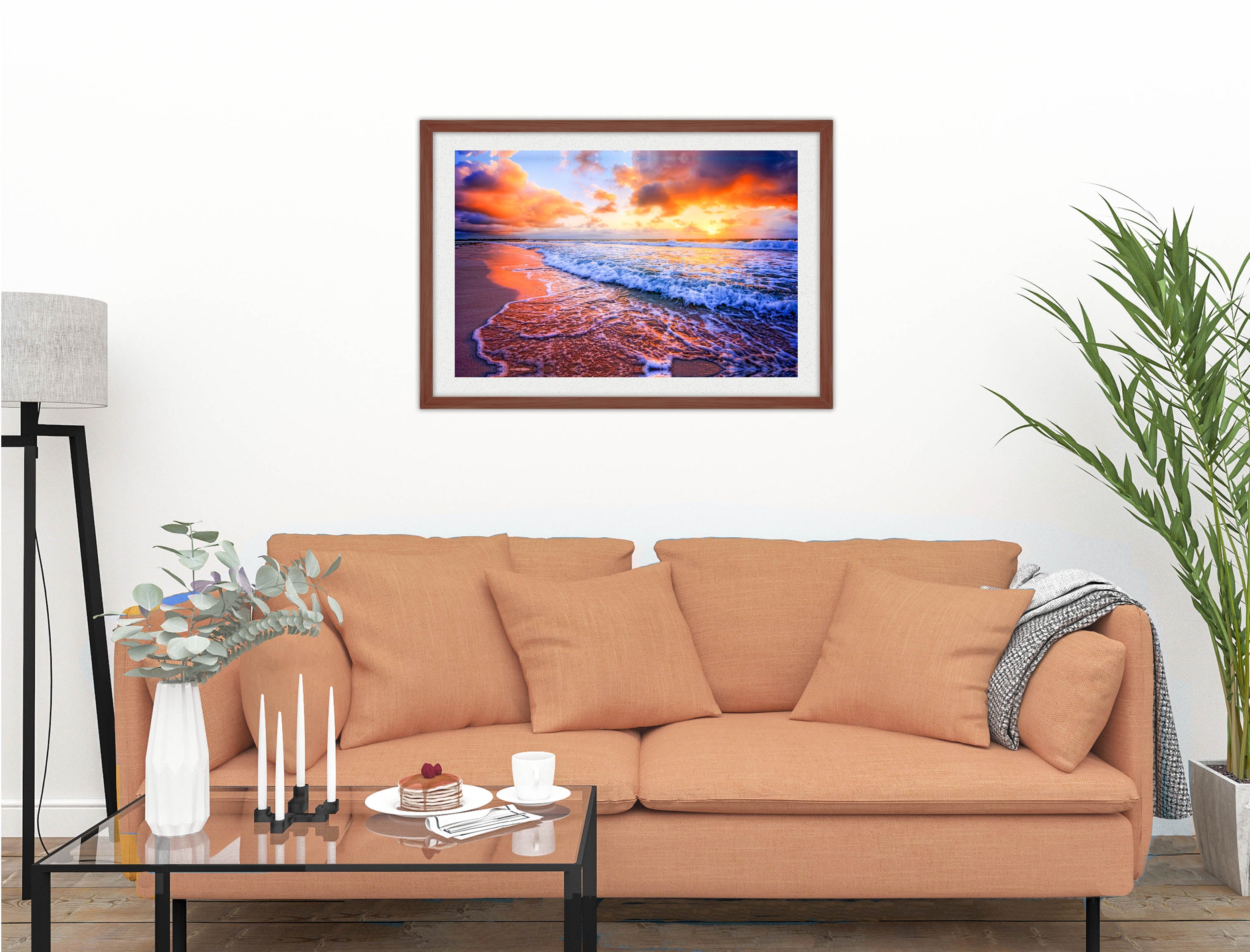 Ocean Sunset on the Beach -Framed Photo - Mahogany on Living Room1 Wall-1