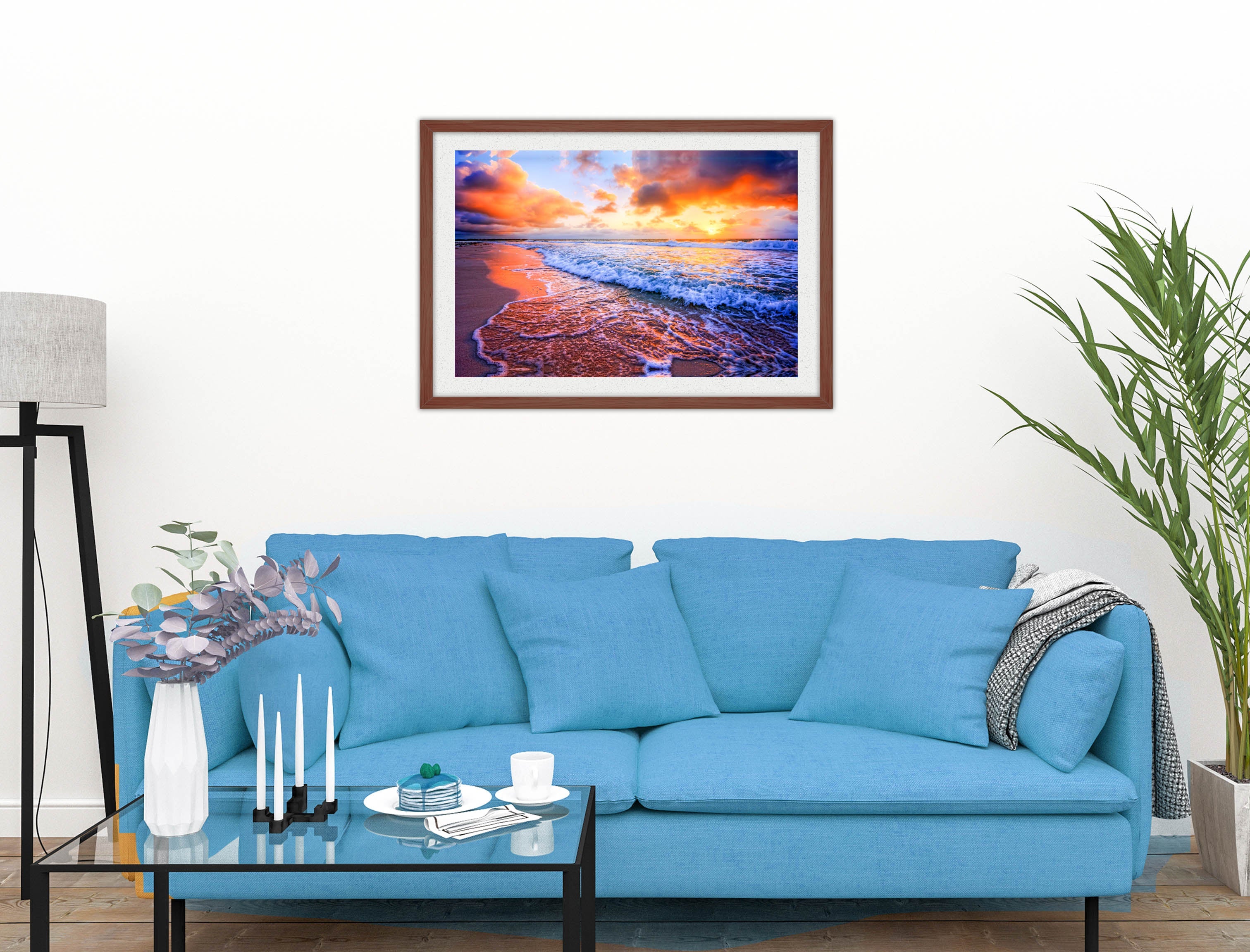 Ocean Sunset on the Beach -Framed Photo - Mahogany on Living Room1 Wall-2