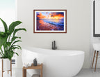 Ocean Sunset on the Beach -Framed Photo - Mahogany Frame on Bathroom Wall