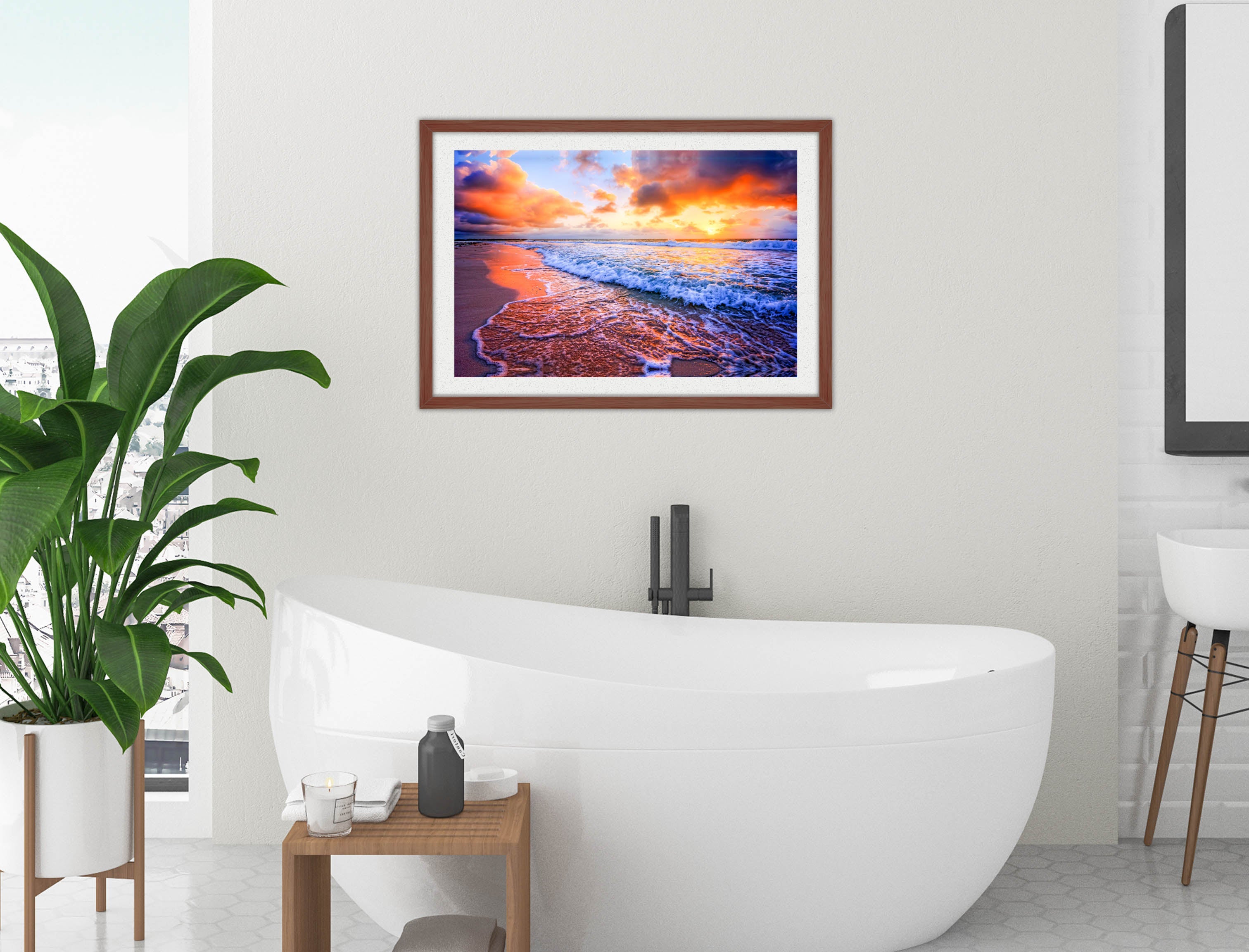 Ocean Sunset on the Beach -Framed Photo - Mahogany Frame on Bathroom Wall