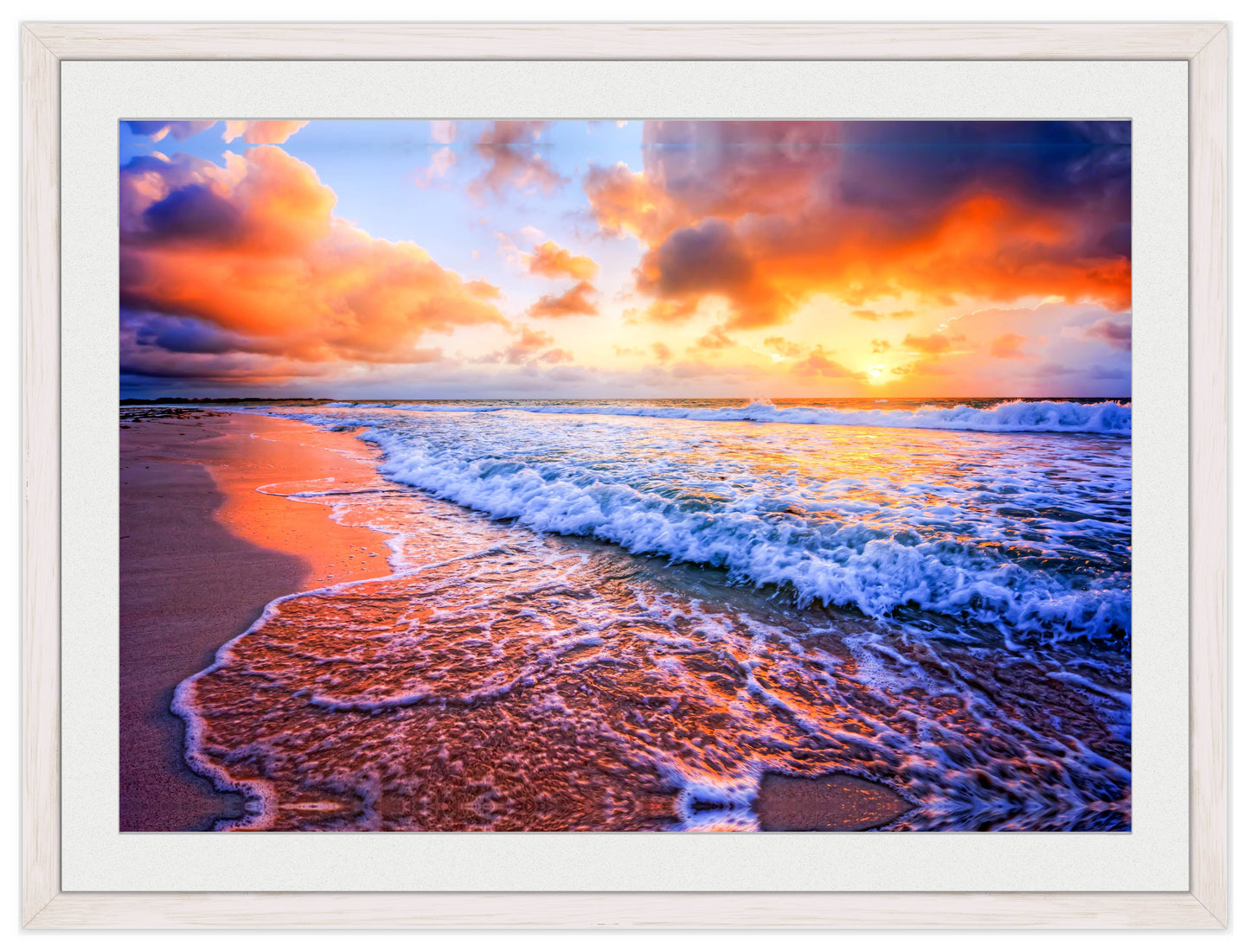 Ocean Sunset on the Beach -Framed Photo - White Frame