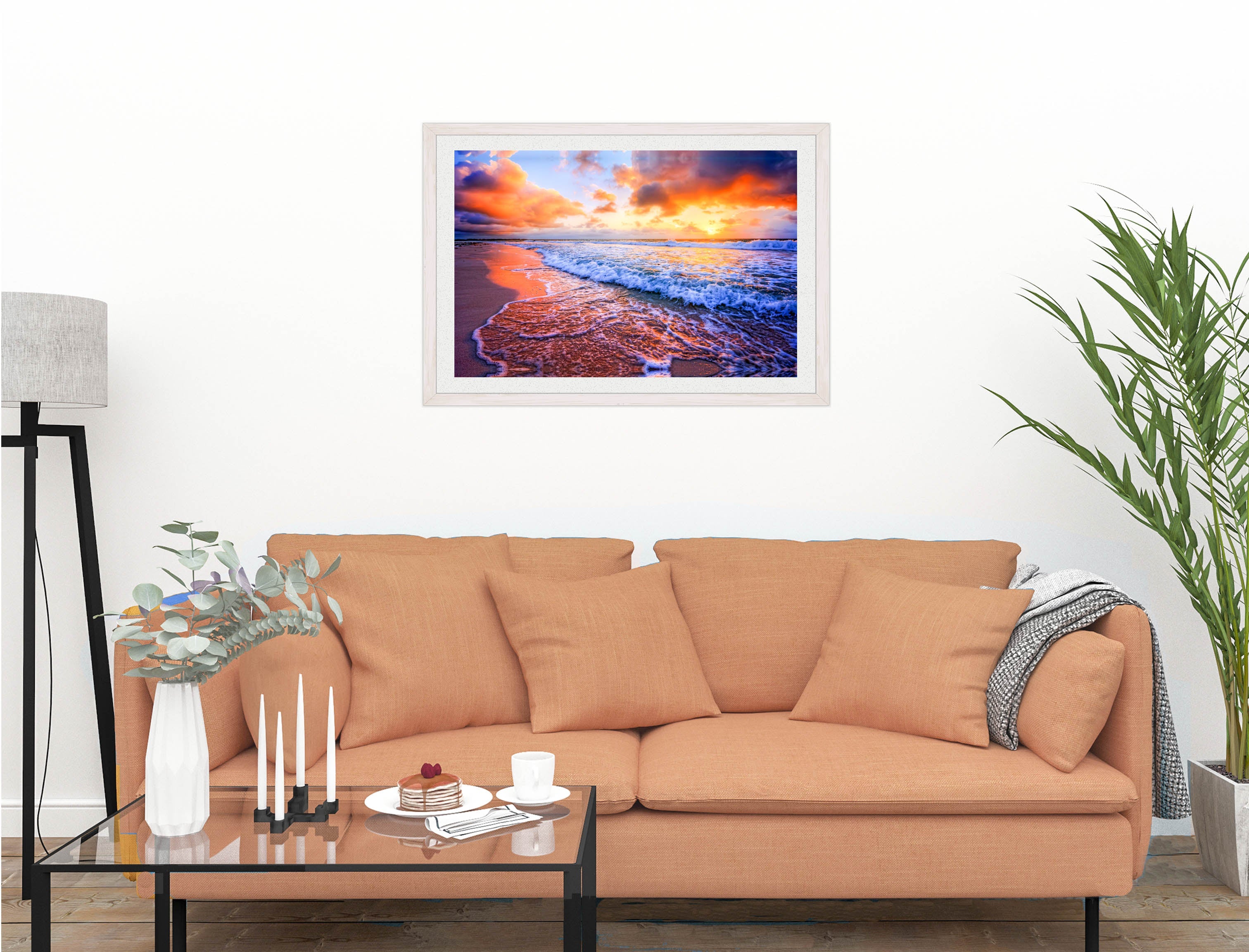 Ocean Sunset on the Beach -Framed Photo - White on Living Room1 Wall-1