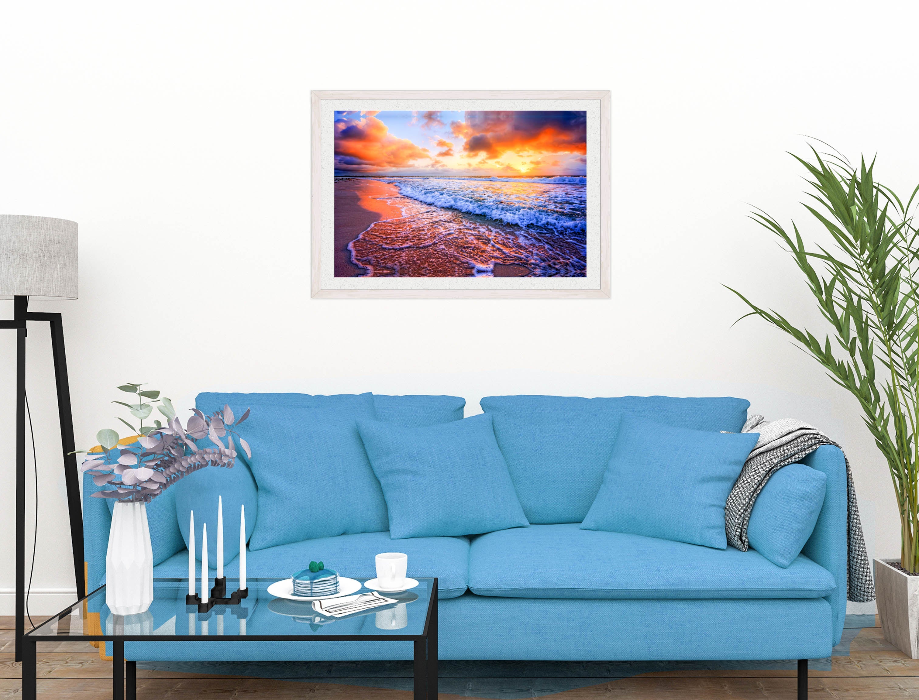 Ocean Sunset on the Beach -Framed Photo - White on Living Room1 Wall-2