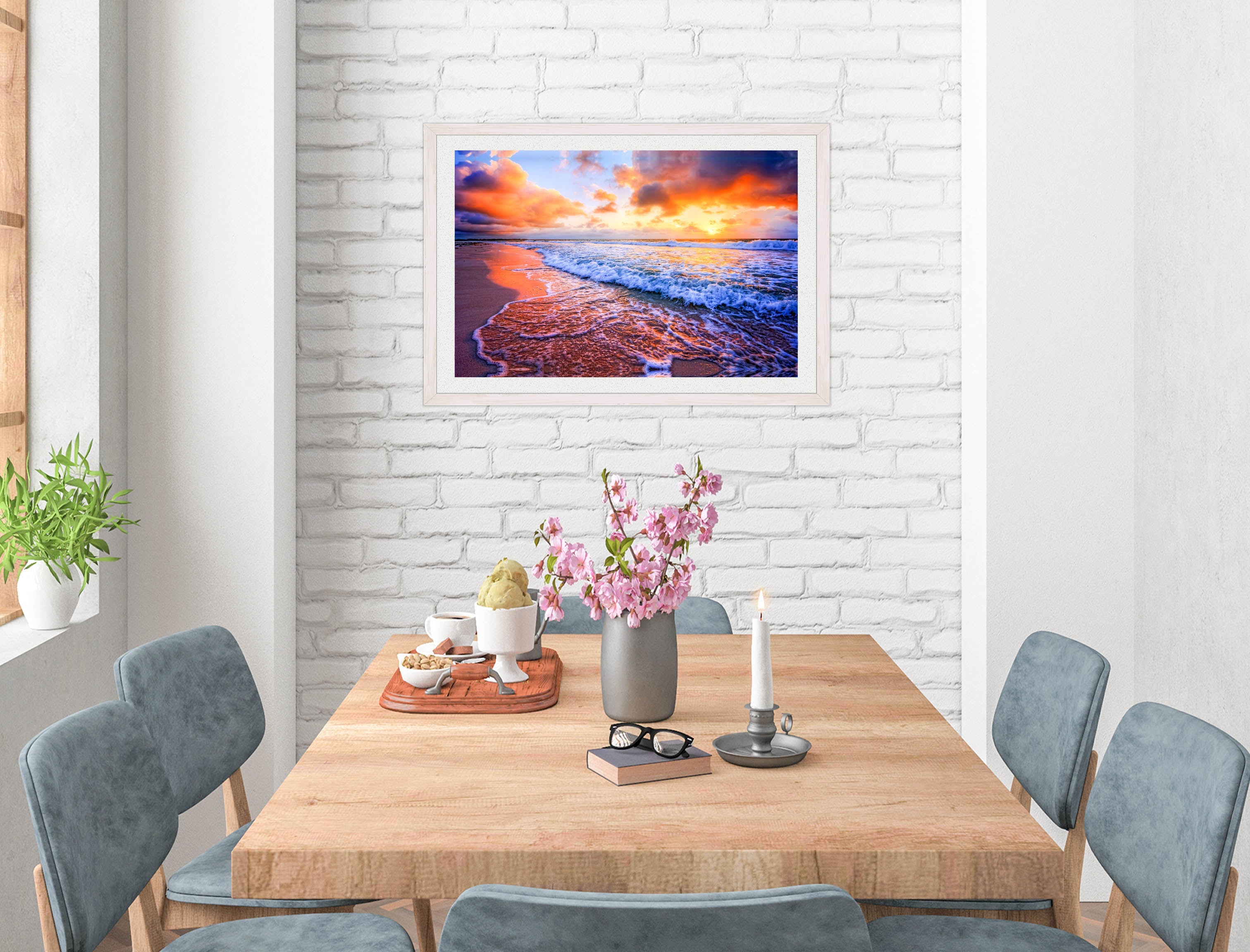 Ocean Sunset on the Beach -Framed Photo - White on Dining Room Room Wall