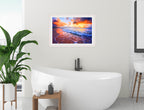 Ocean Sunset on the Beach -Framed Photo - White Frame on Bathroom Wall