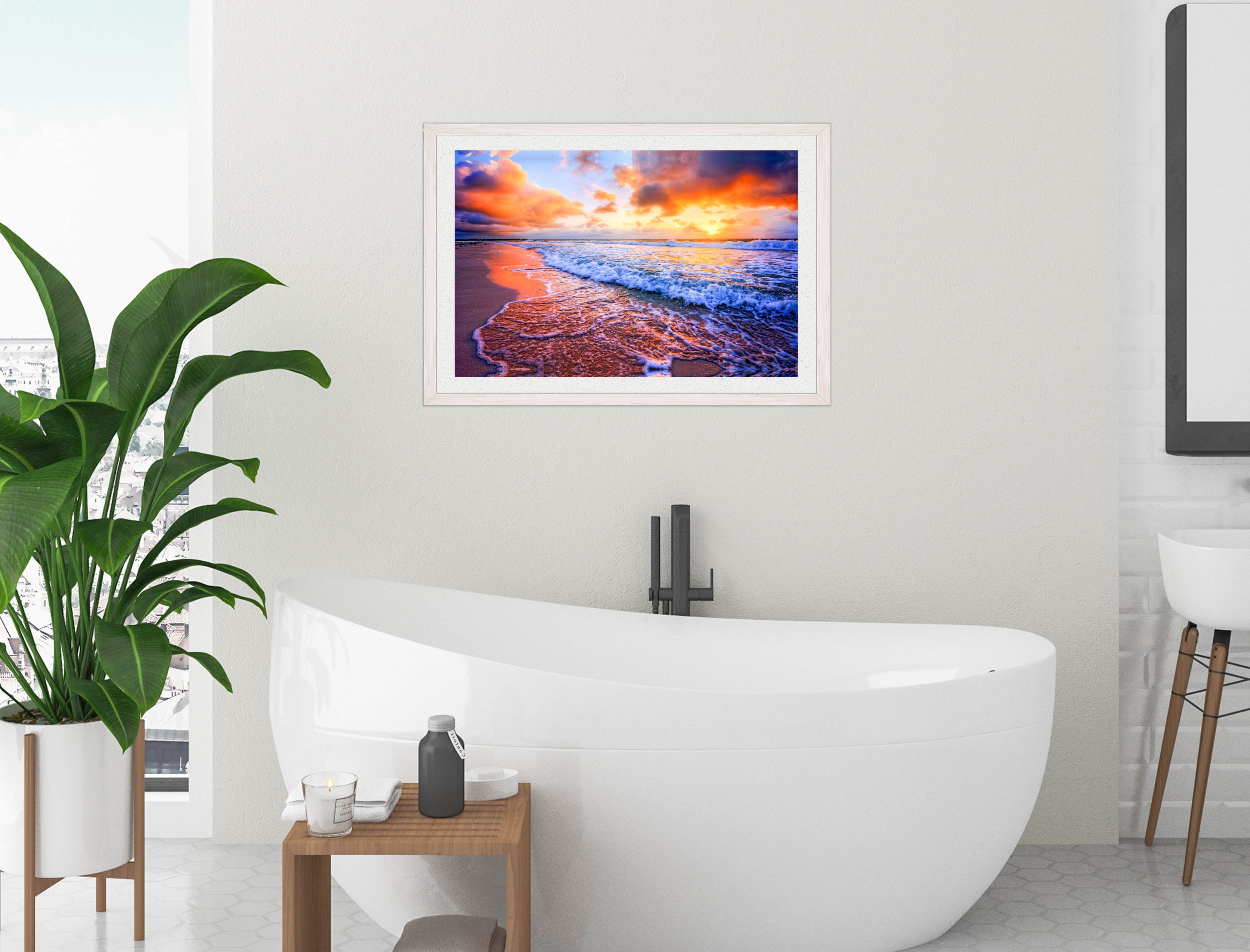 Ocean Sunset on the Beach -Framed Photo - White Frame on Bathroom Wall