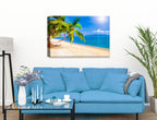 Tropical Beach & Palm Trees #2  -Canvas Wrap on Living Room Wall - Blue Sofa