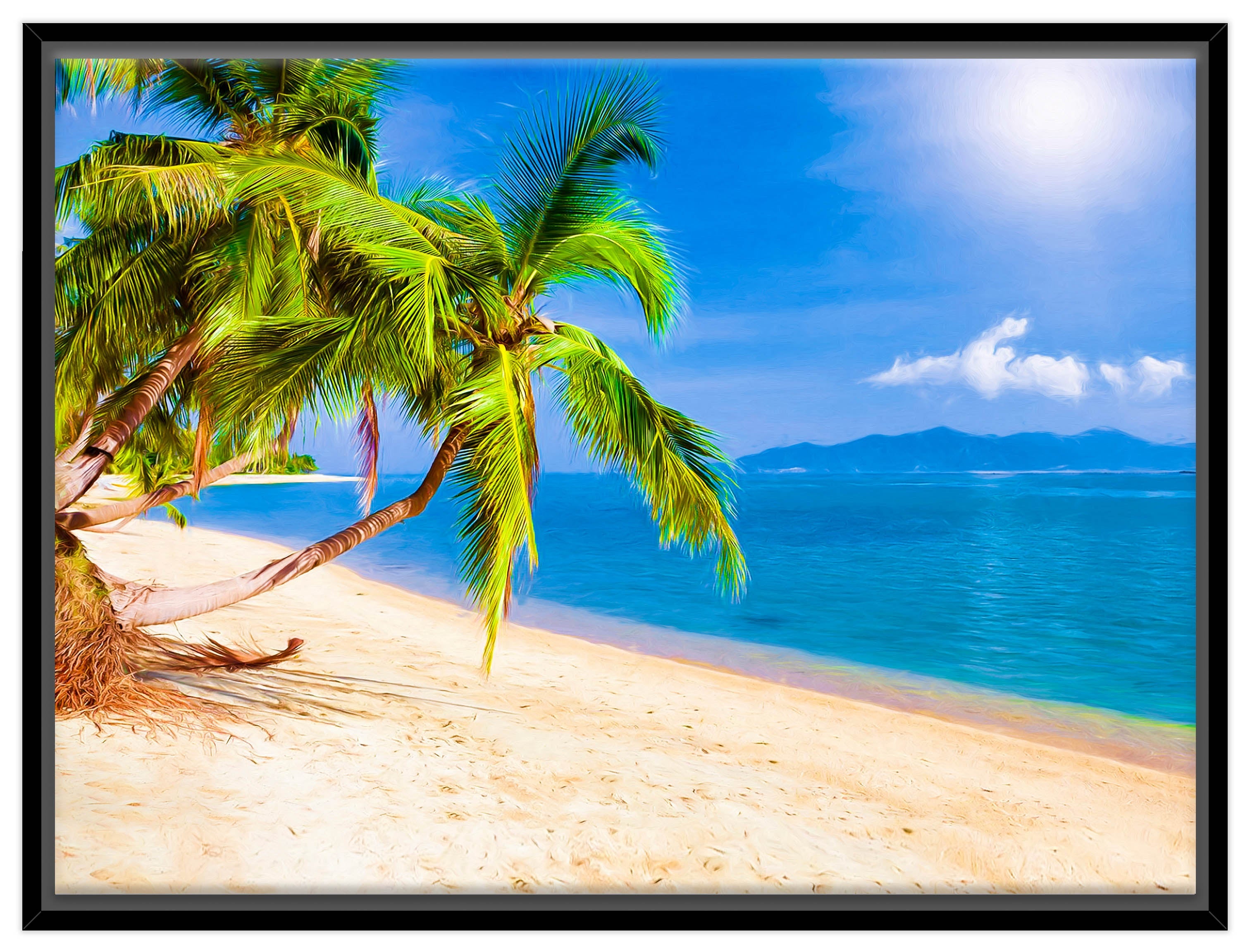 Tropical Beach & Palm Trees #2  -Canvas Wrap - Black Frame
