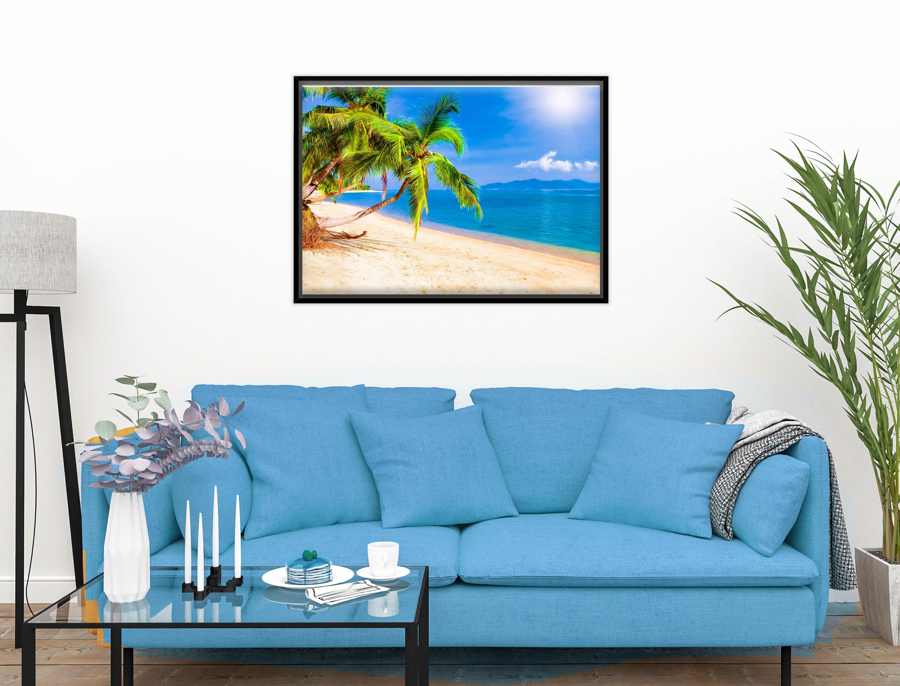 Tropical Beach & Palm Trees #2  -Canvas Wrap - Black Frame on Living Room Wall-2