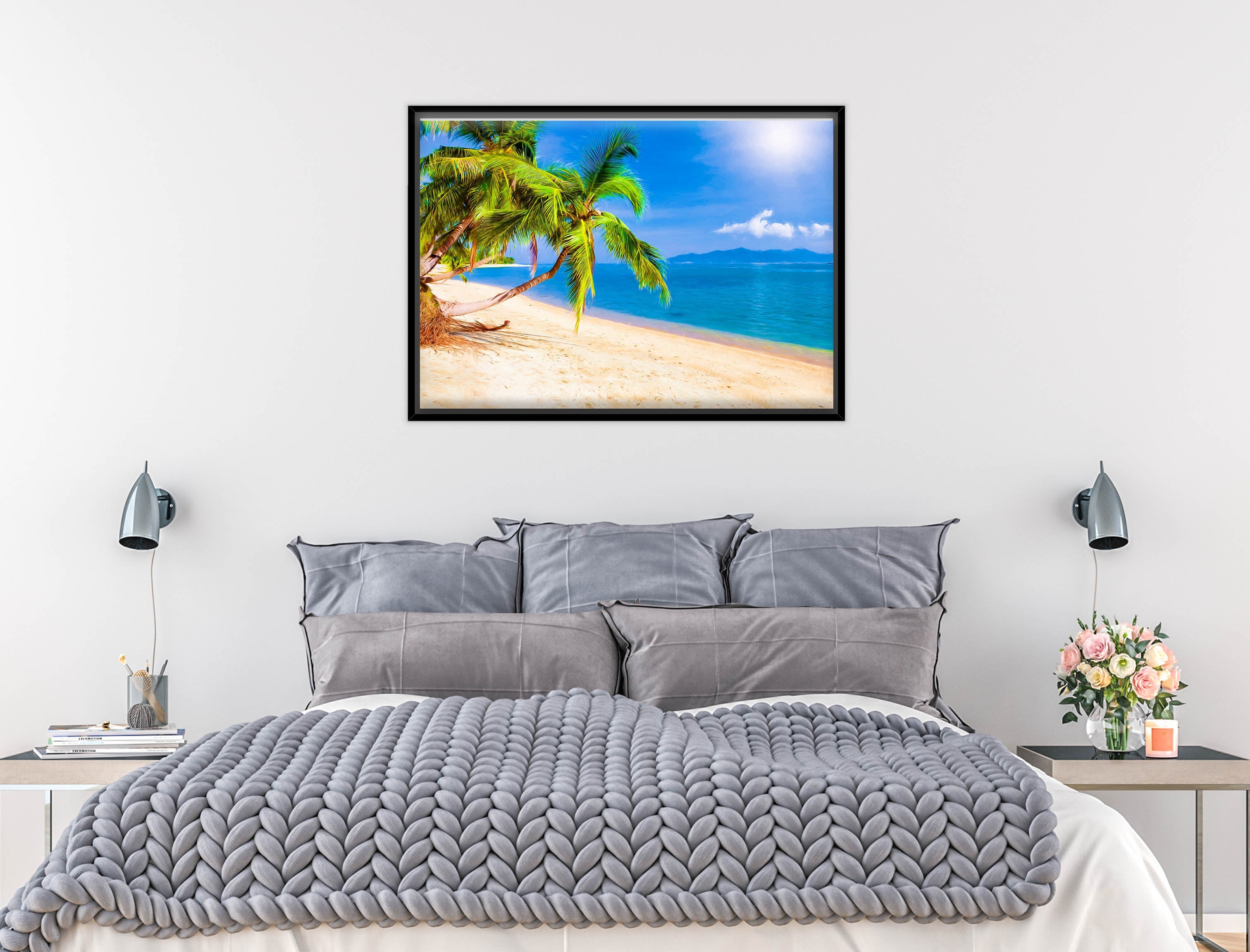 Tropical Beach & Palm Trees #2  -Canvas Wrap - Black Frame on Bedroom Wall