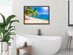 Tropical Beach & Palm Trees #2  -Canvas Wrap - Black Frame on Bathroom Wall