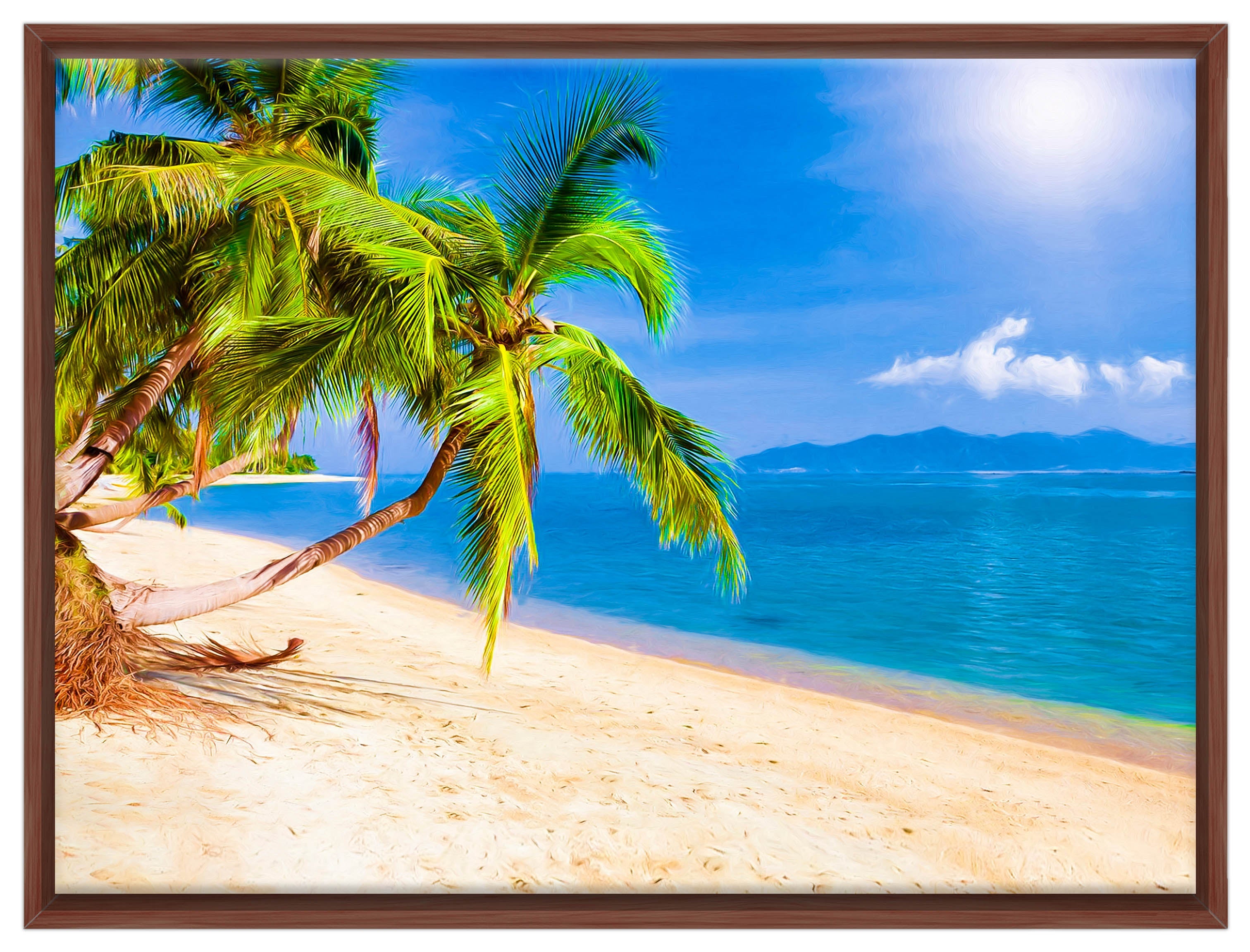 Tropical Beach & Palm Trees #2  -Canvas Wrap - Mahogany Frame