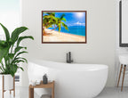 Tropical Beach & Palm Trees #2  -Canvas Wrap - Mahogany Frame on Bathroom Wall