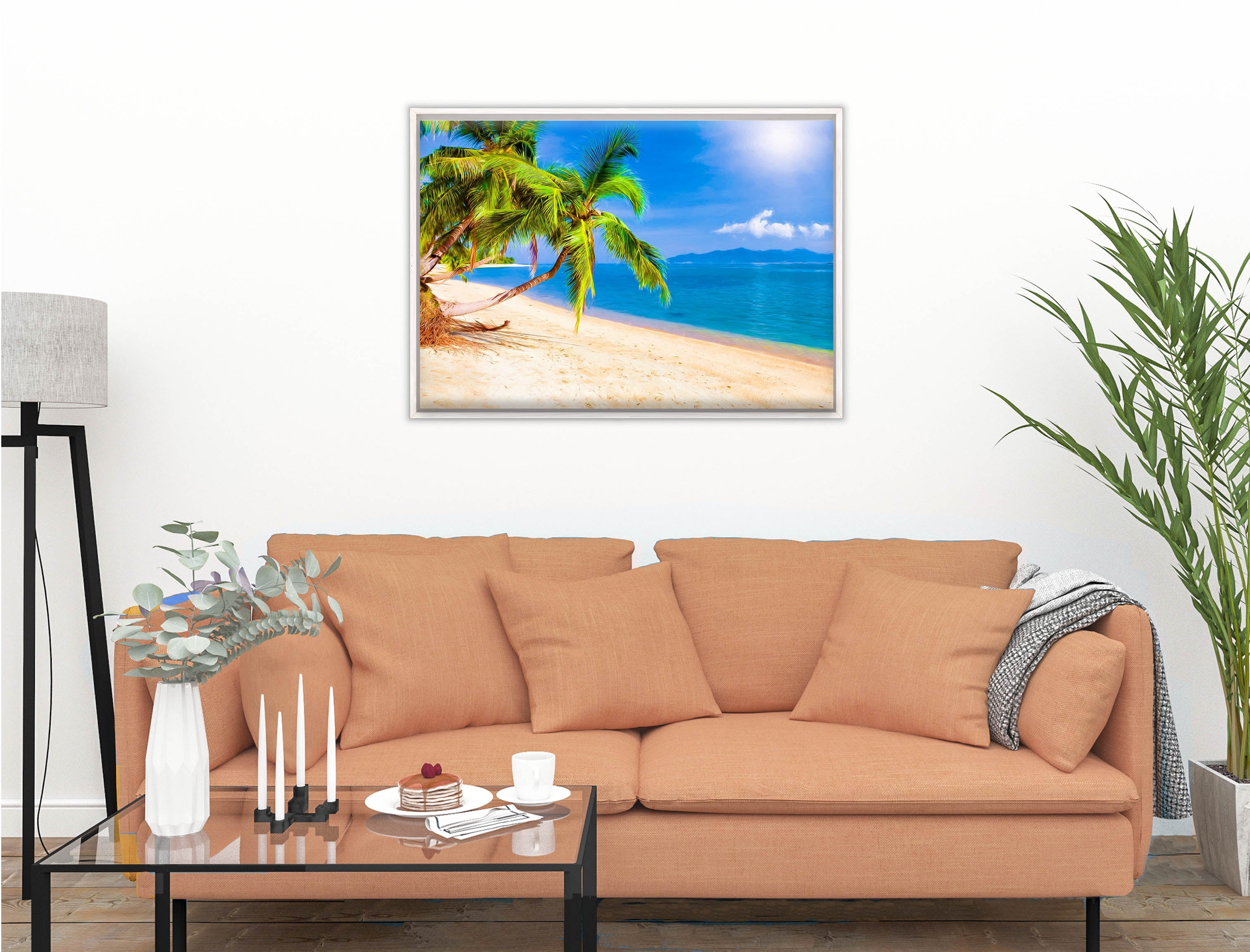 Tropical Beach & Palm Trees #2  -Canvas Wrap - White Frame on Living Room Wall-1