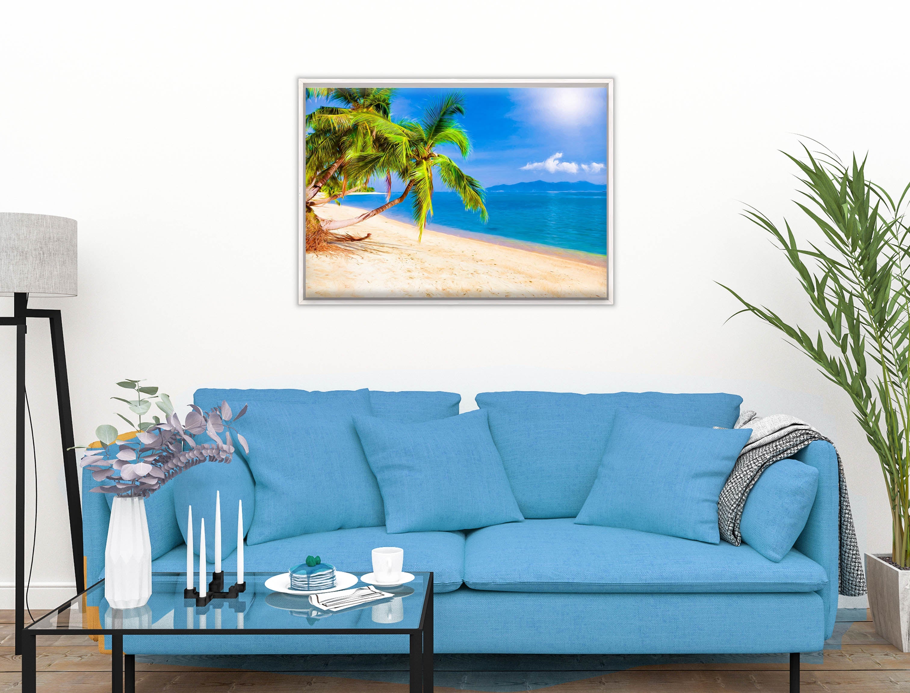 Tropical Beach & Palm Trees #2  -Canvas Wrap - White Frame on Living Room Wall-2