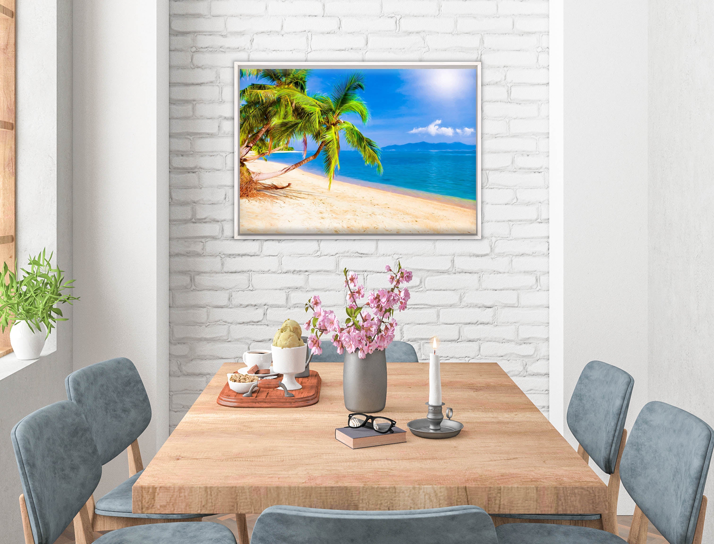 Tropical Beach & Palm Trees #2  -Canvas Wrap - White Frame on Dining Room Room Wall