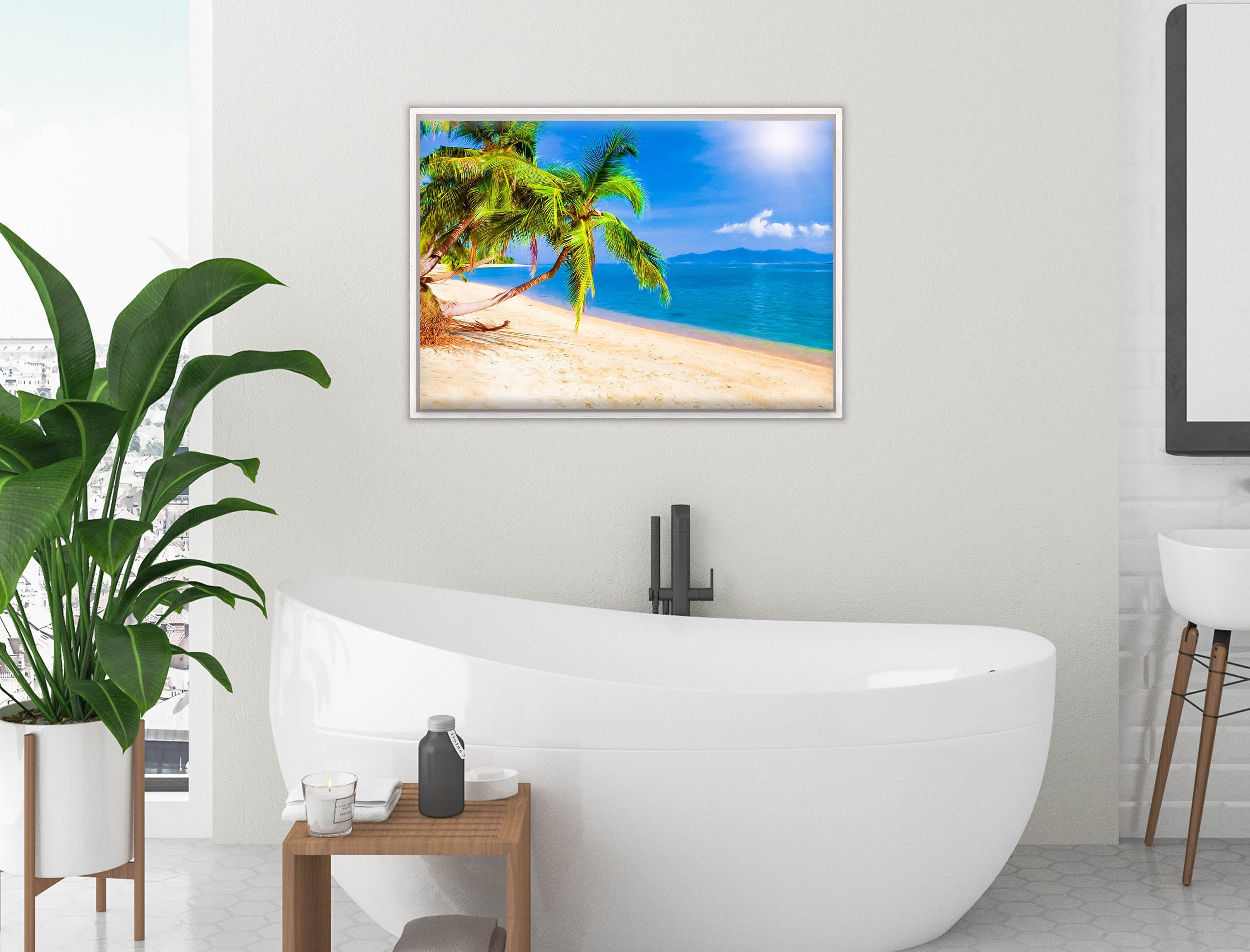 Tropical Beach & Palm Trees #2  -Canvas Wrap - White Frame on Bathroom Wall