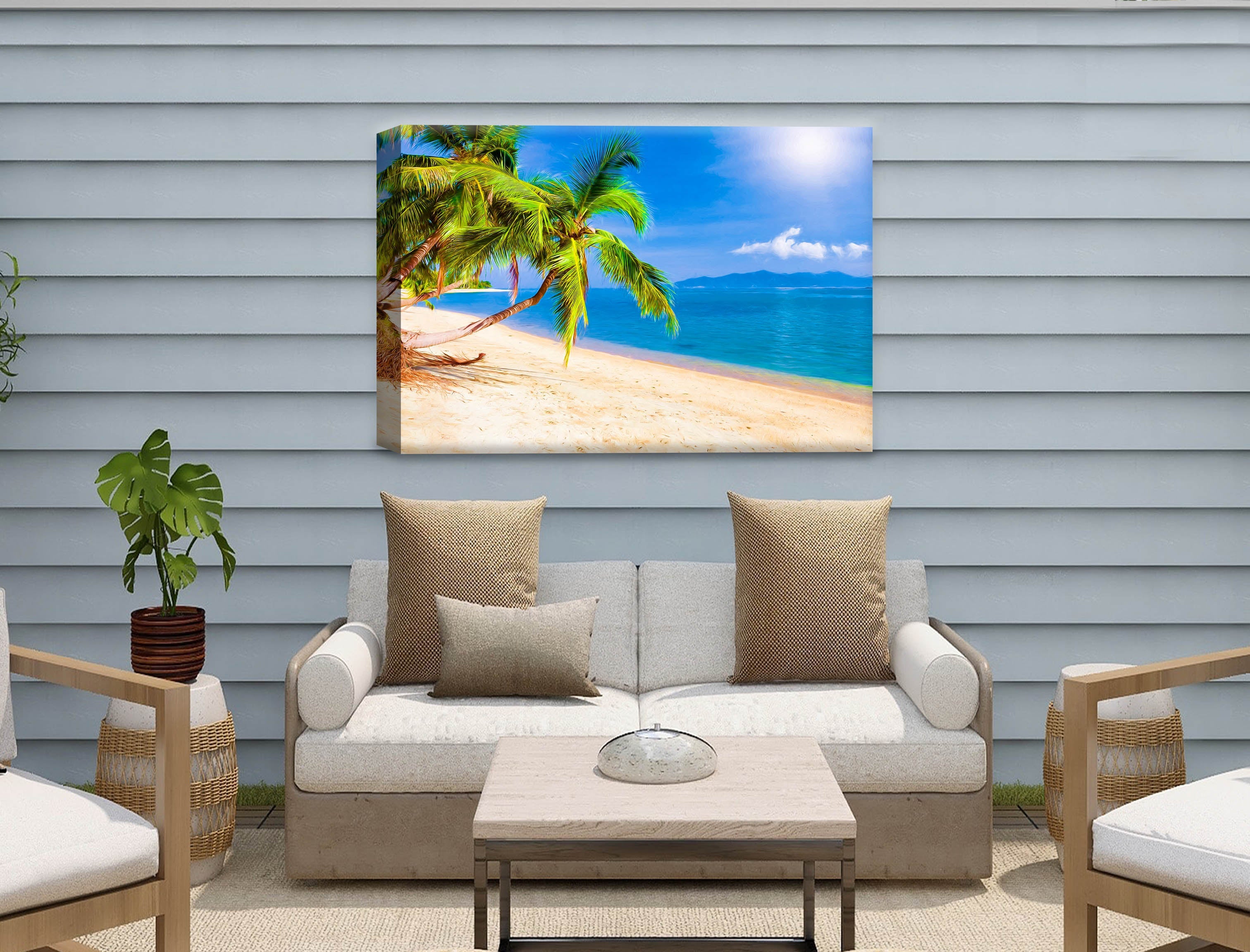 Tropical Beach & Palm Trees #2  -Canvas Wrap - Waterproof on Patio 1 Wall