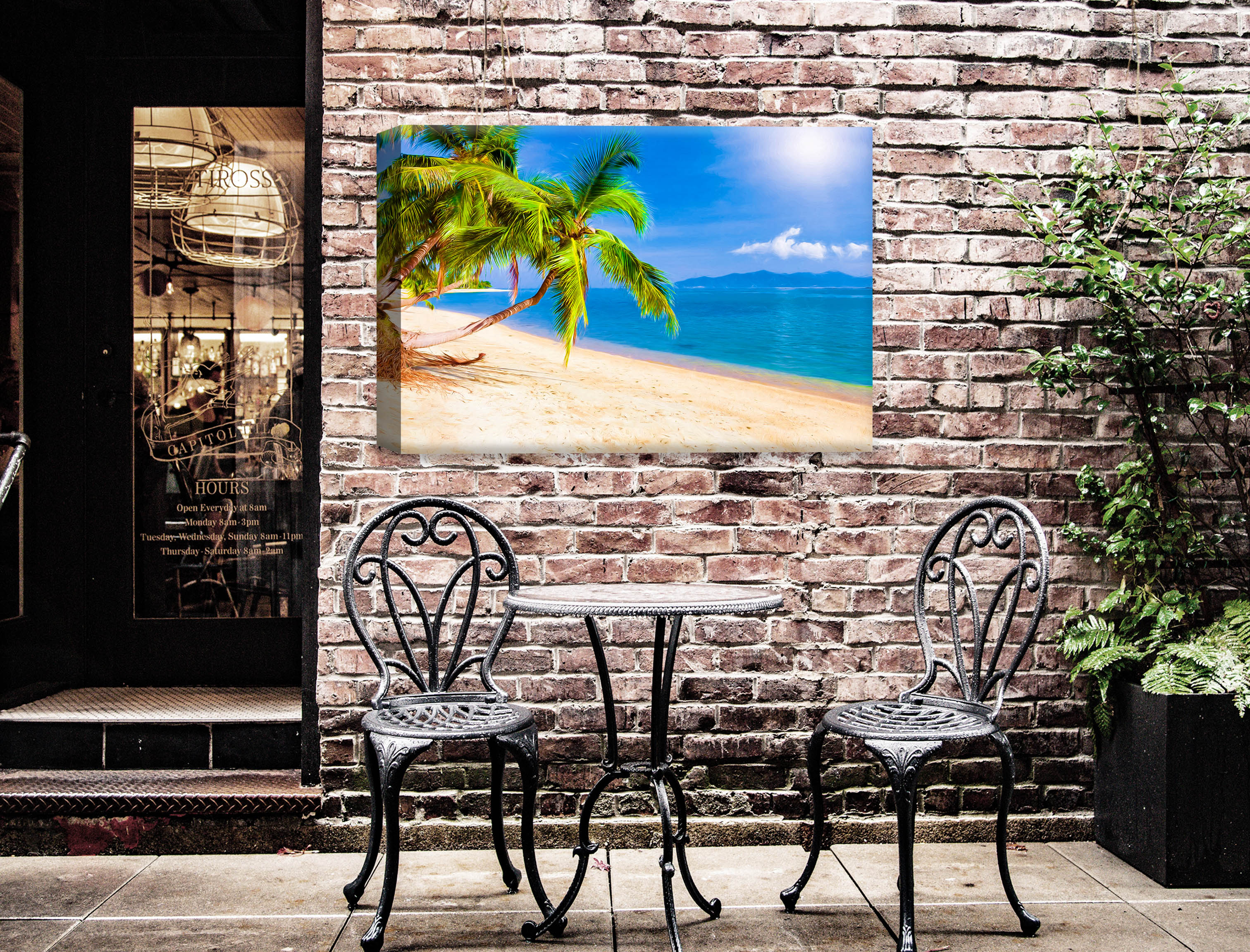Tropical Beach & Palm Trees #2  -Canvas Wrap - Waterproof on Patio 2 Wall