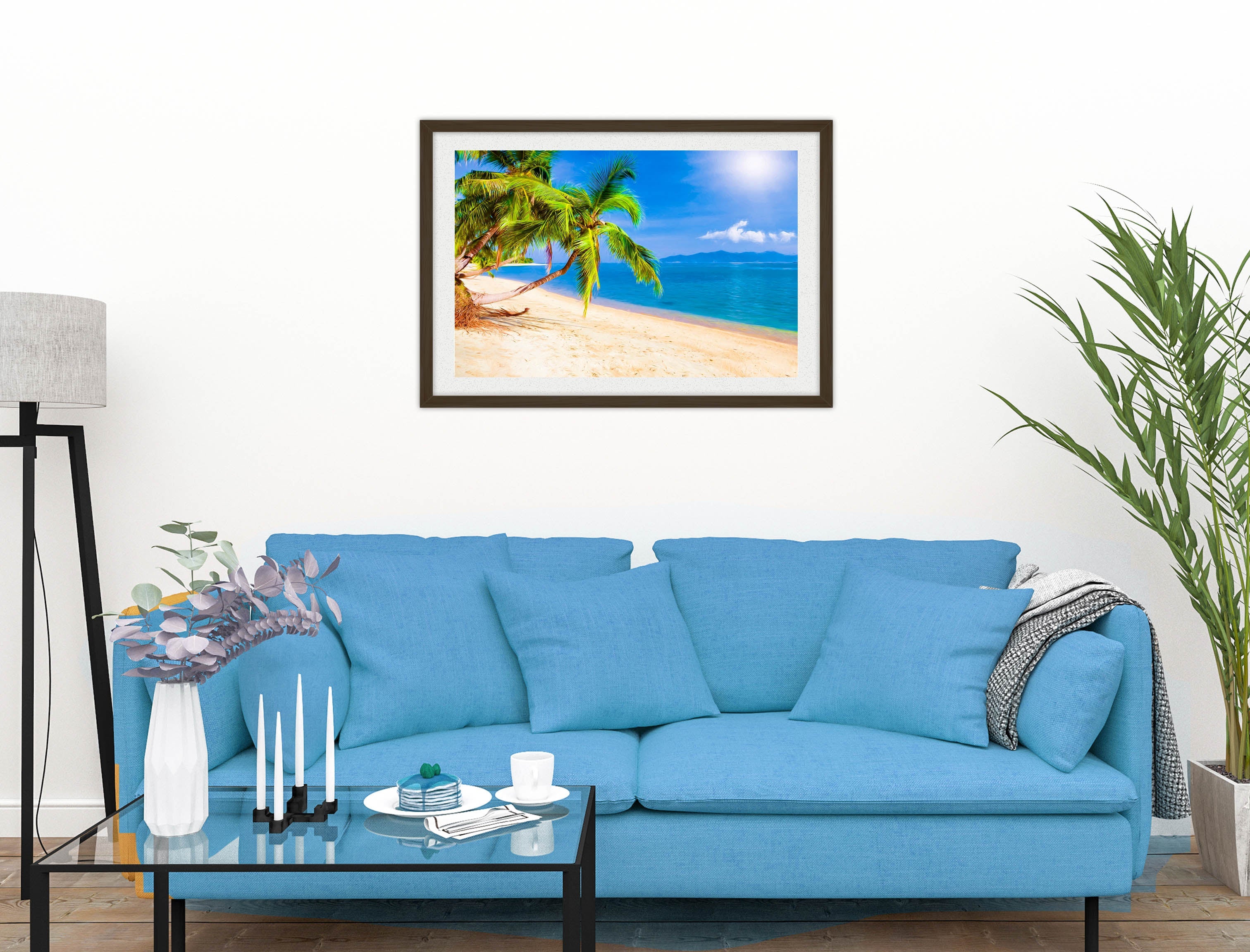 Tropical Beach & Palm Trees #2  -Framed Photo - Black on Living Room1 Wall-2