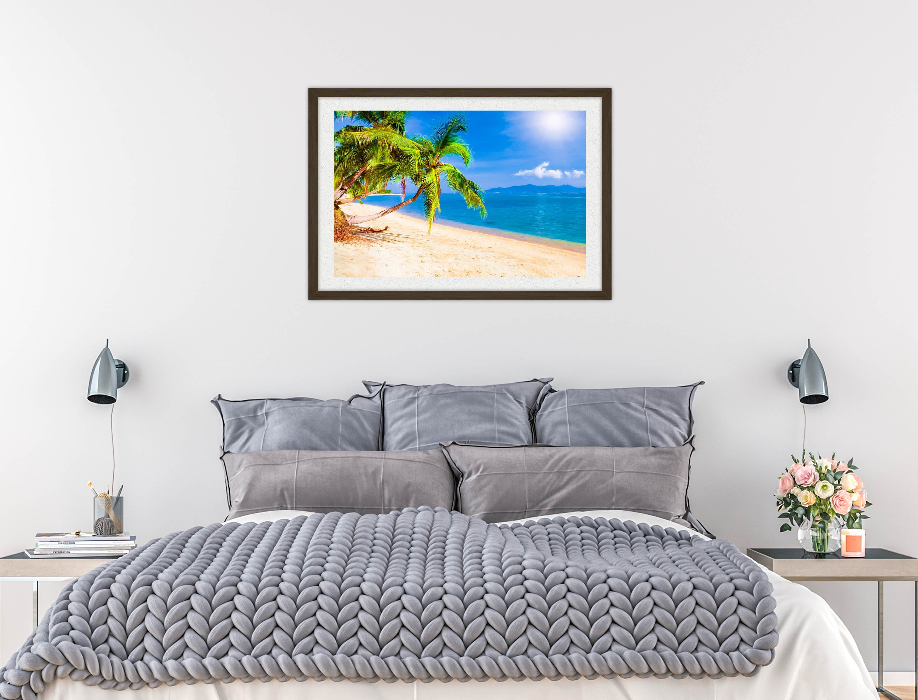 Tropical Beach & Palm Trees #2  -Framed Photo - Black Frame on Bedroom Wall