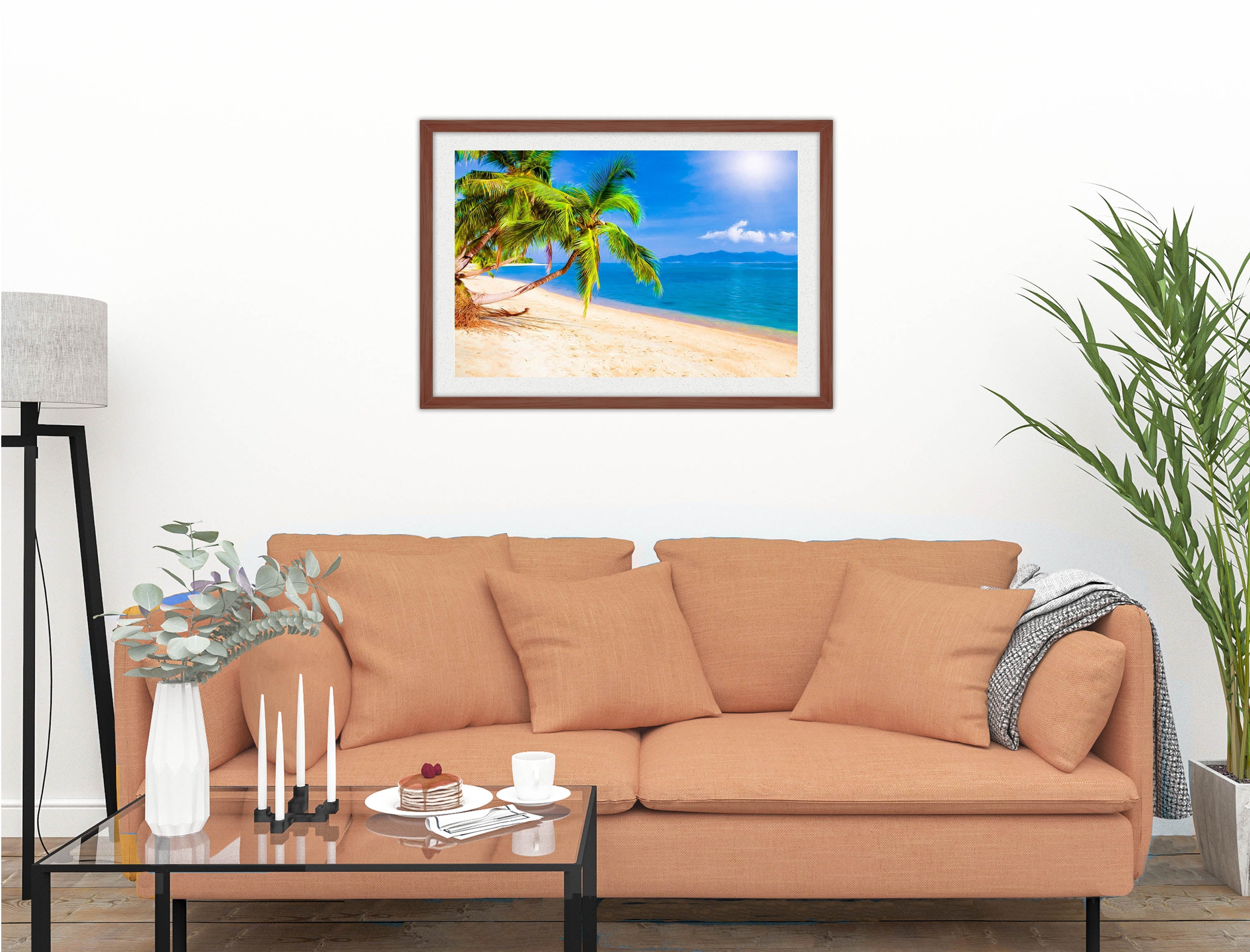 Tropical Beach & Palm Trees #2  -Framed Photo - Mahogany on Living Room1 Wall-1