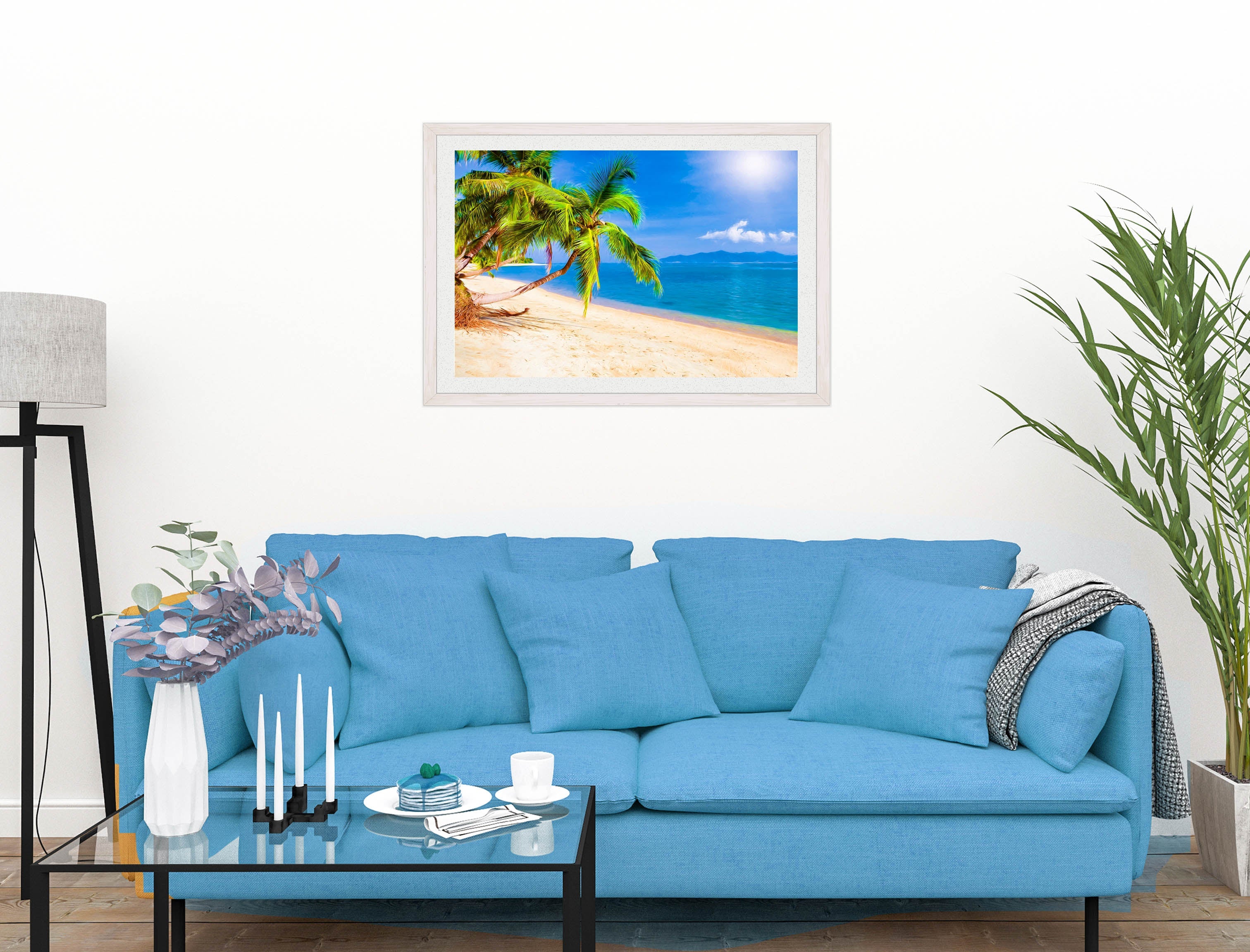 Tropical Beach & Palm Trees #2  -Framed Photo - White on Living Room1 Wall-2