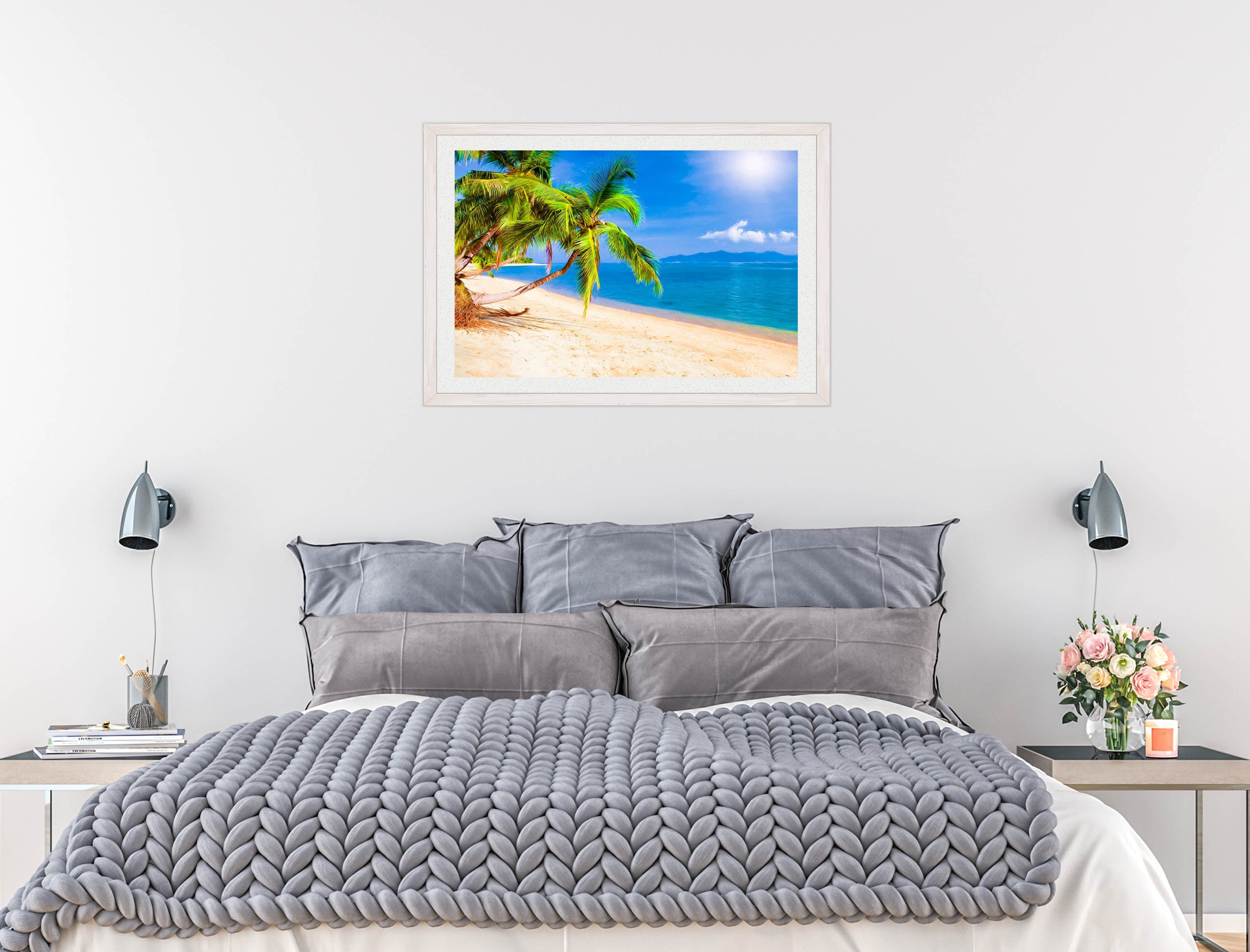 Tropical Beach & Palm Trees #2  -Framed Photo - White on Bedroom Wall