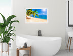 Tropical Beach & Palm Trees #2  -Framed Photo - White Frame on Bathroom Wall