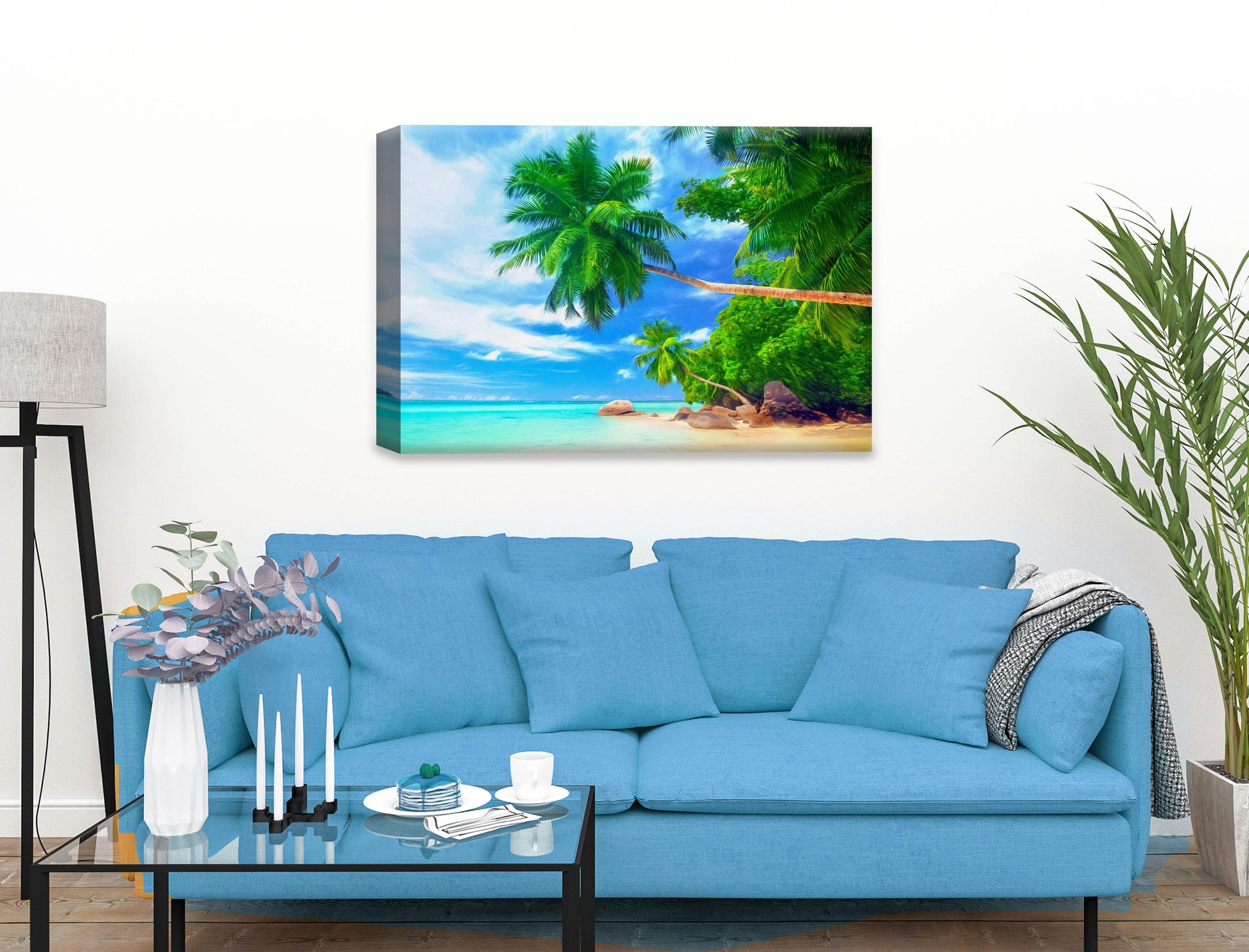 Tropical Beach & Palm Trees #3 -Canvas Wrap on Living Room Wall - Blue Sofa