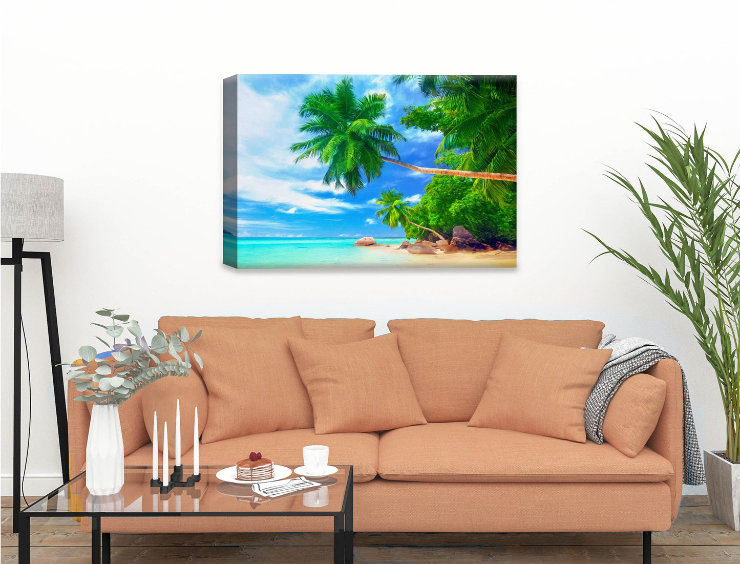 Tropical Beach & Palm Trees #3 -Canvas Wrap on Living Room Wall - Beige Sofa