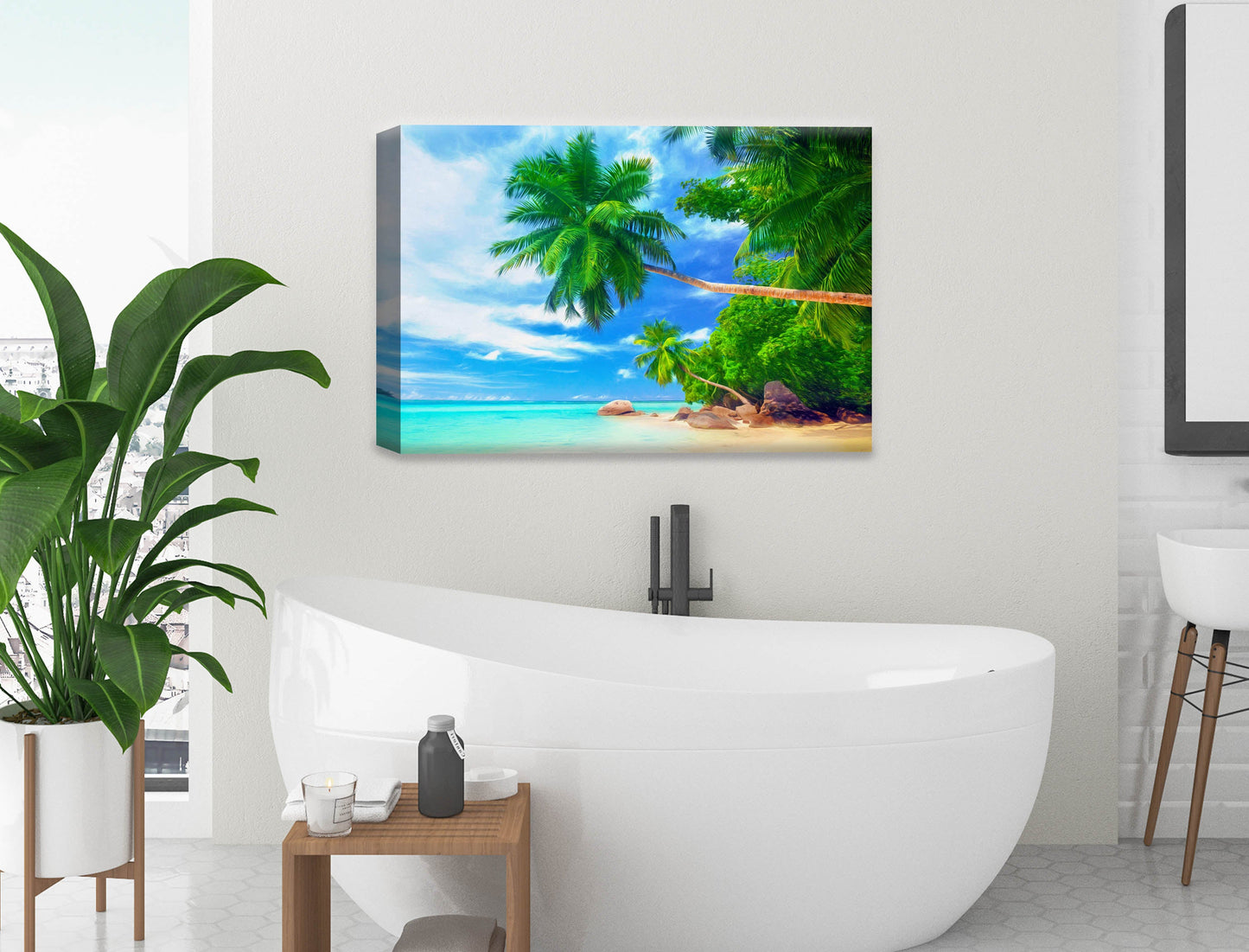 Palm Tree Painting  - Tropical Beach & Palm Trees #3 -Canvas Wrap on Bathroom Wall