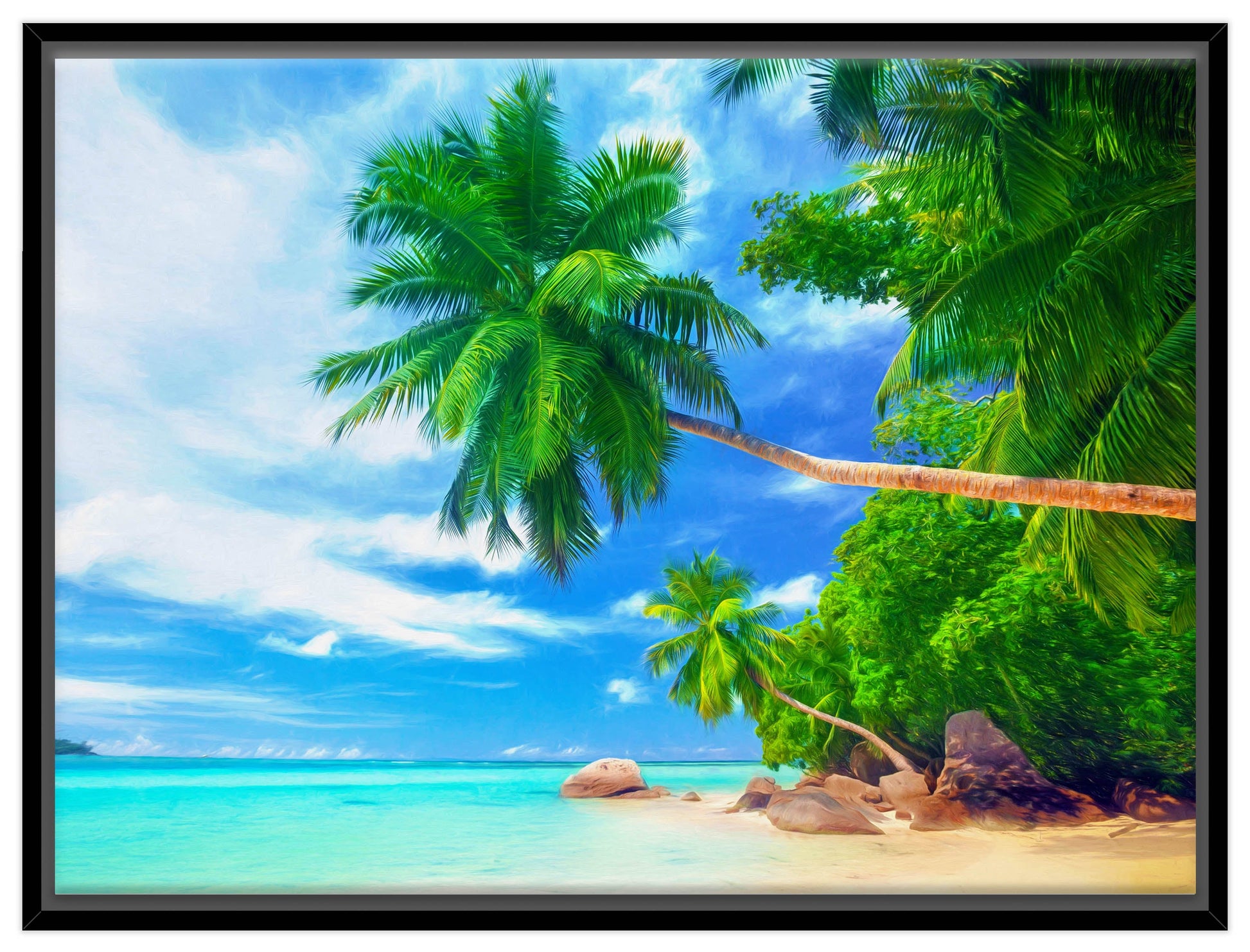 Palm Tree Painting  - Tropical Beach & Palm Trees #3 -Canvas Wrap - Black Frame