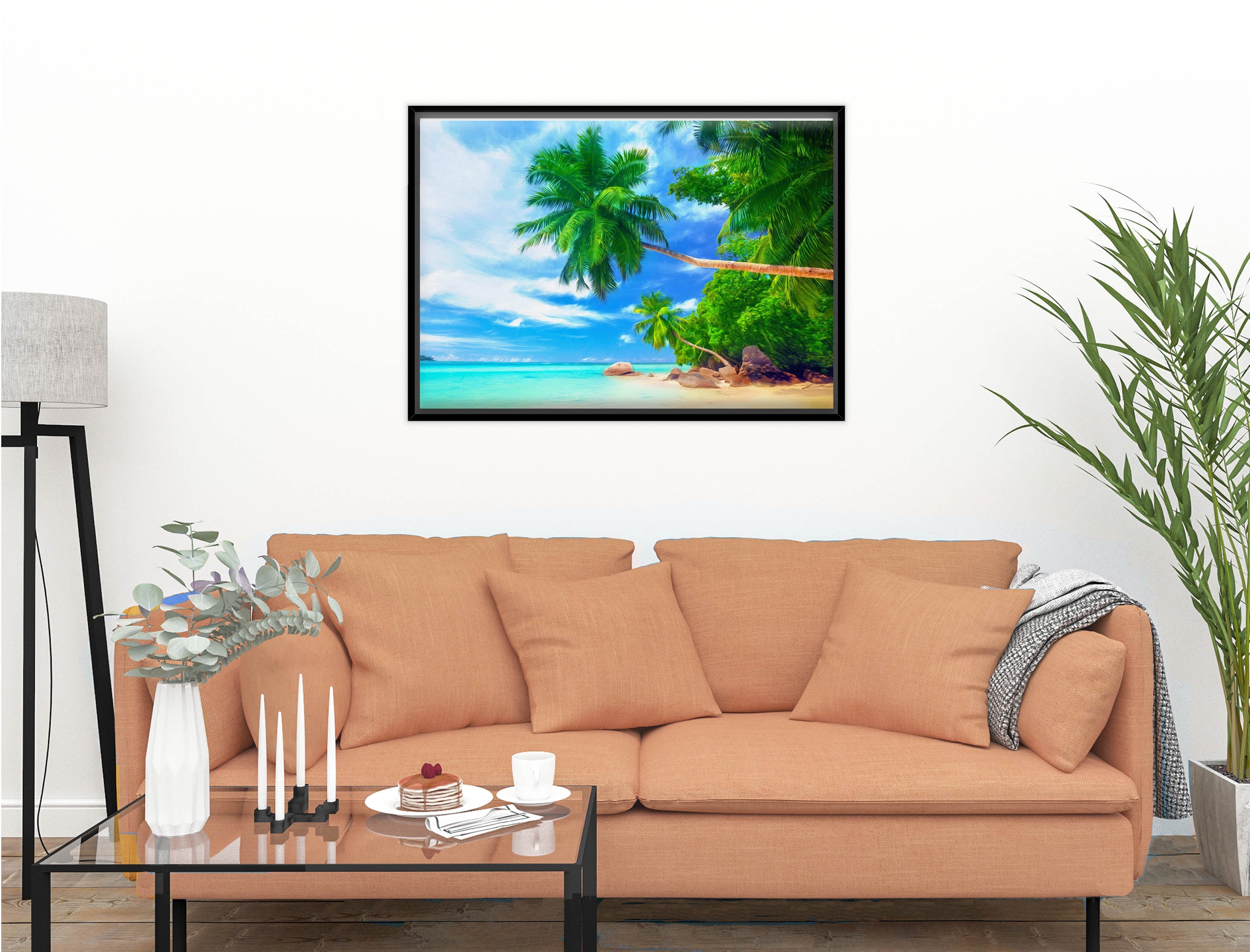 Palm Tree Art Painting  - Tropical Beach & Palm Trees #3 -Canvas Wrap - Black Frame on Living Room Wall-1
