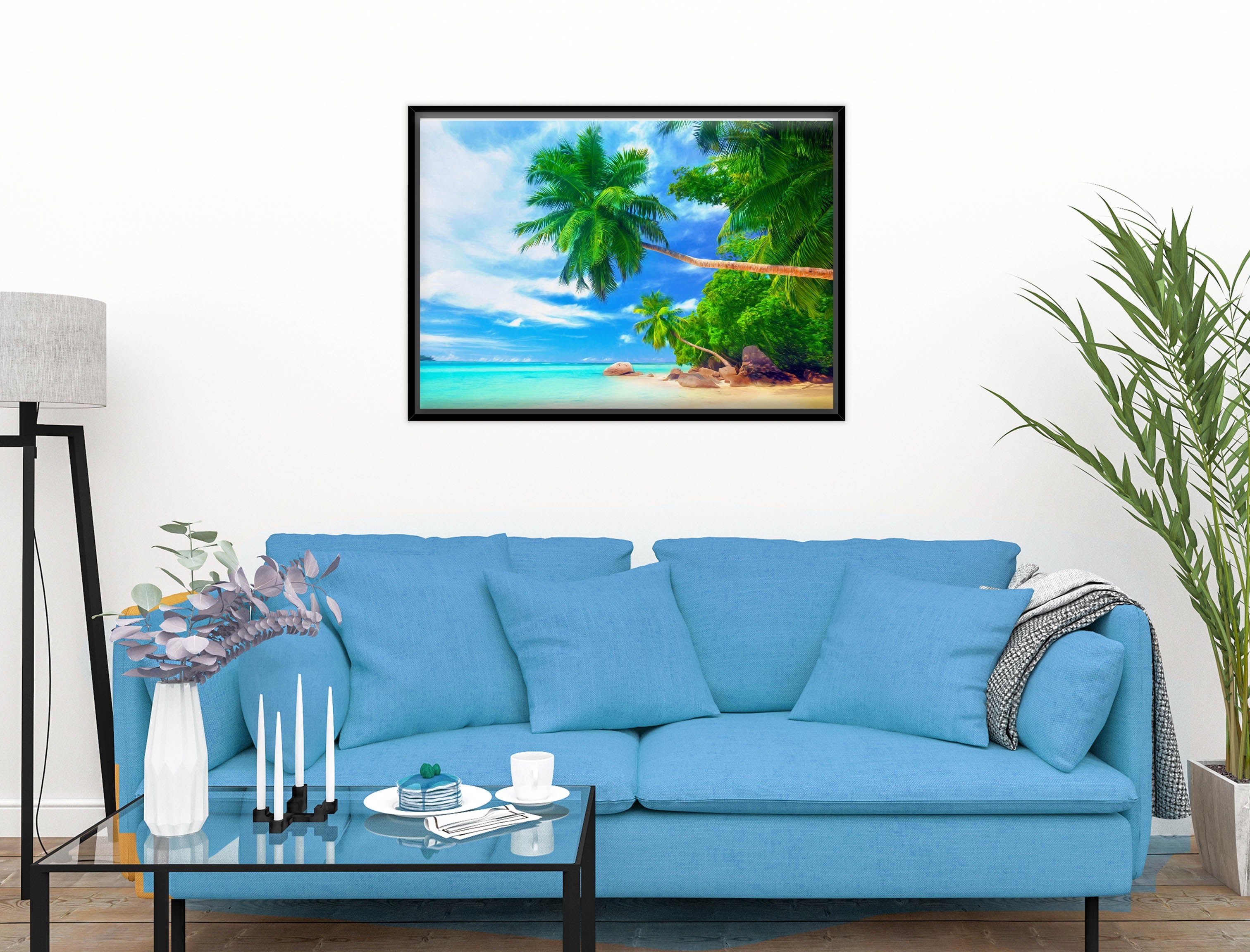 Palm Tree Art Painting   - Tropical Beach & Palm Trees #3 -Canvas Wrap - Black Frame on Living Room Wall-2