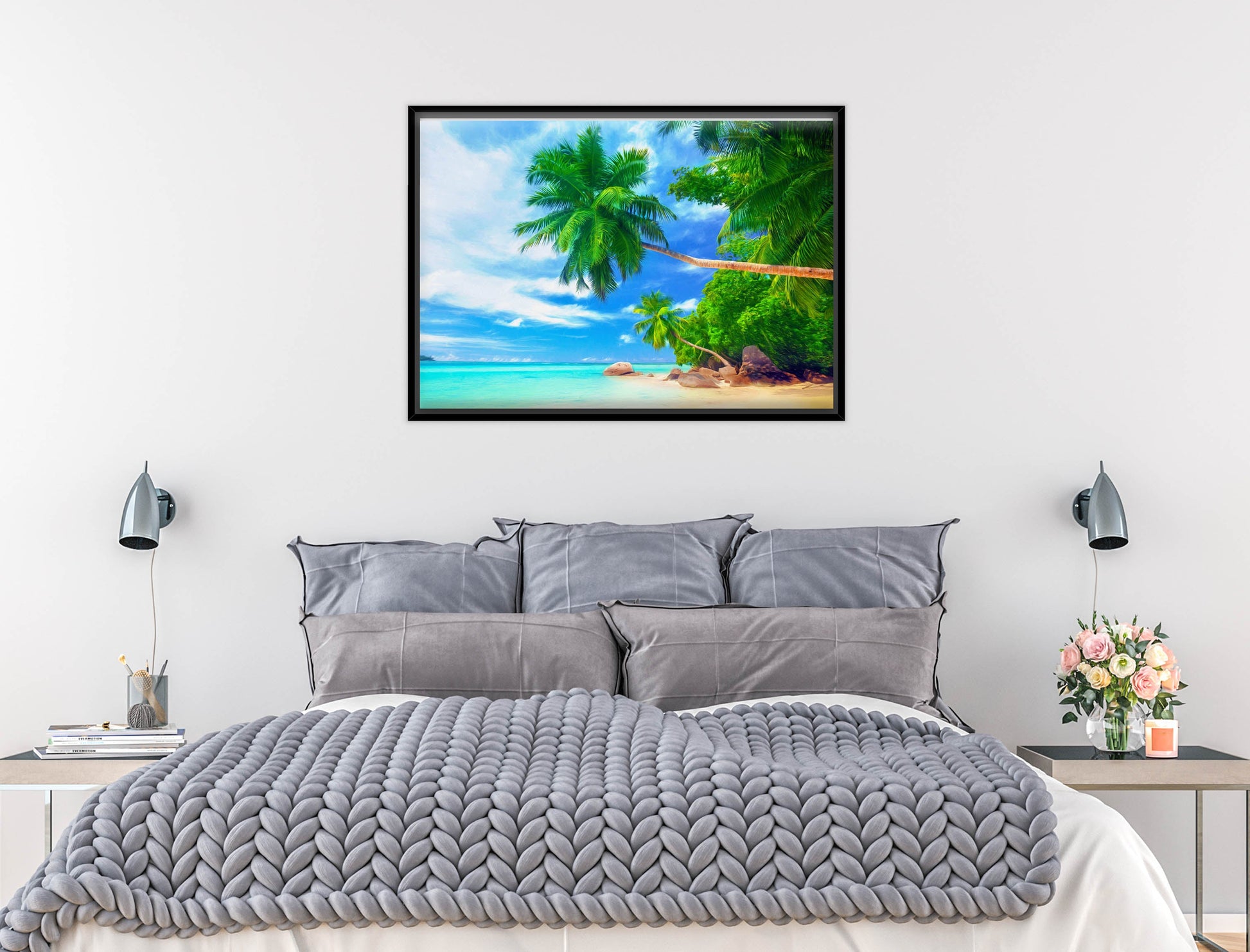 Tropical Beach & Palm Trees #3 -Canvas Wrap - Black Frame on Bedroom Wall